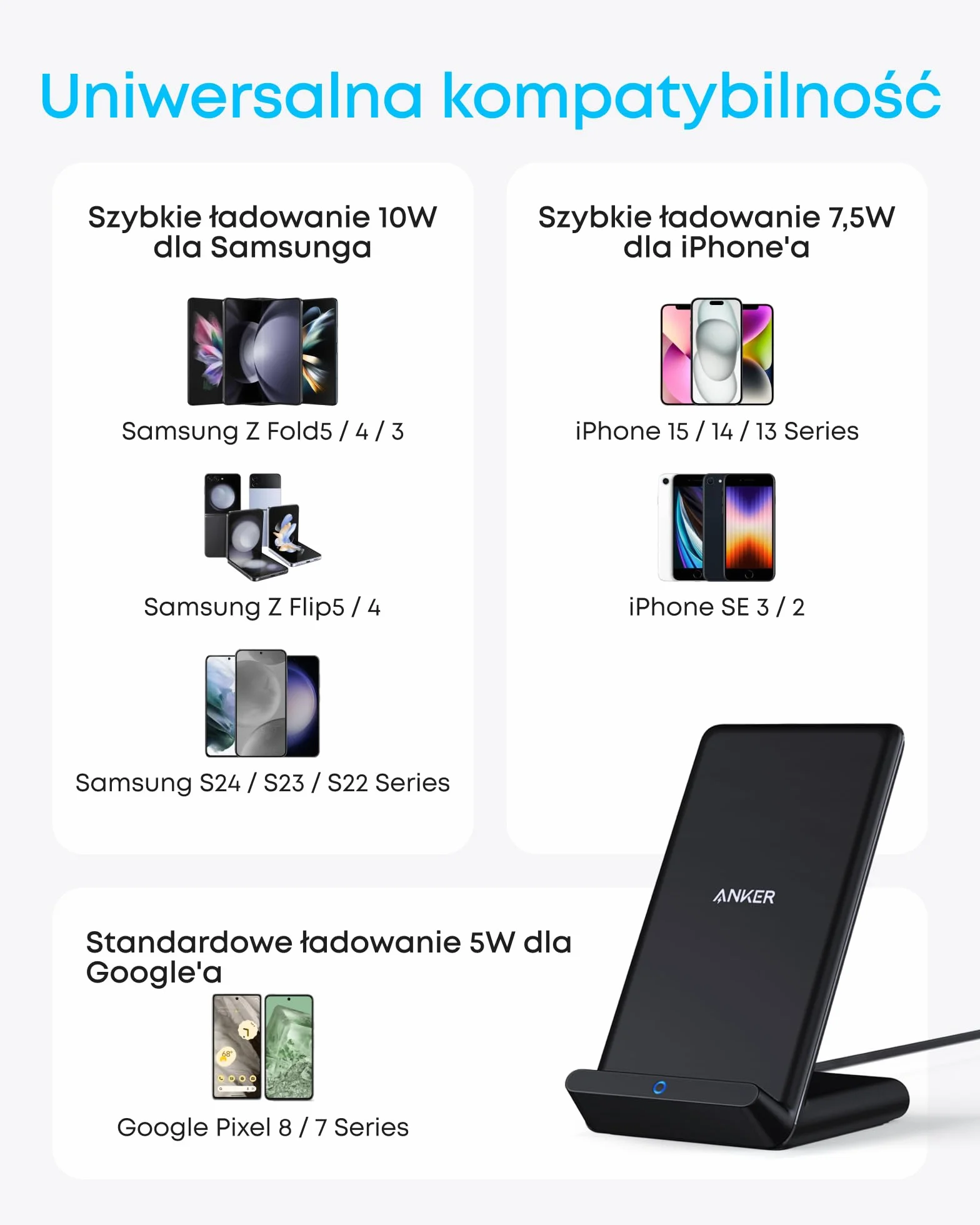 Anker PowerWave bezprzewodowa ładowarka stojąca 10 W Qi