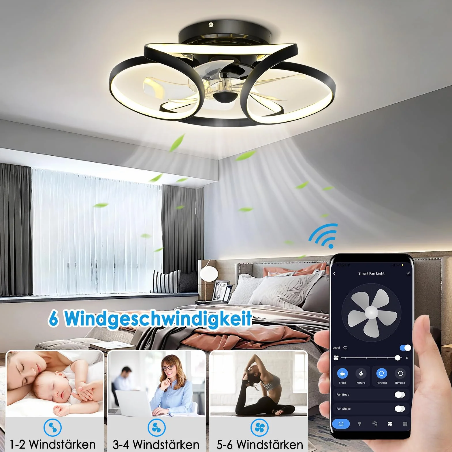 Wentylatory sufitowe z oświetleniem pilotem, niemy DC 30W LED wentylatorów, 6 prędkości wiatru, timer, inteligentne oświetlenie wentylatora w salonie, sypialnia, pokój dla dzieci, restauracja-50 cm