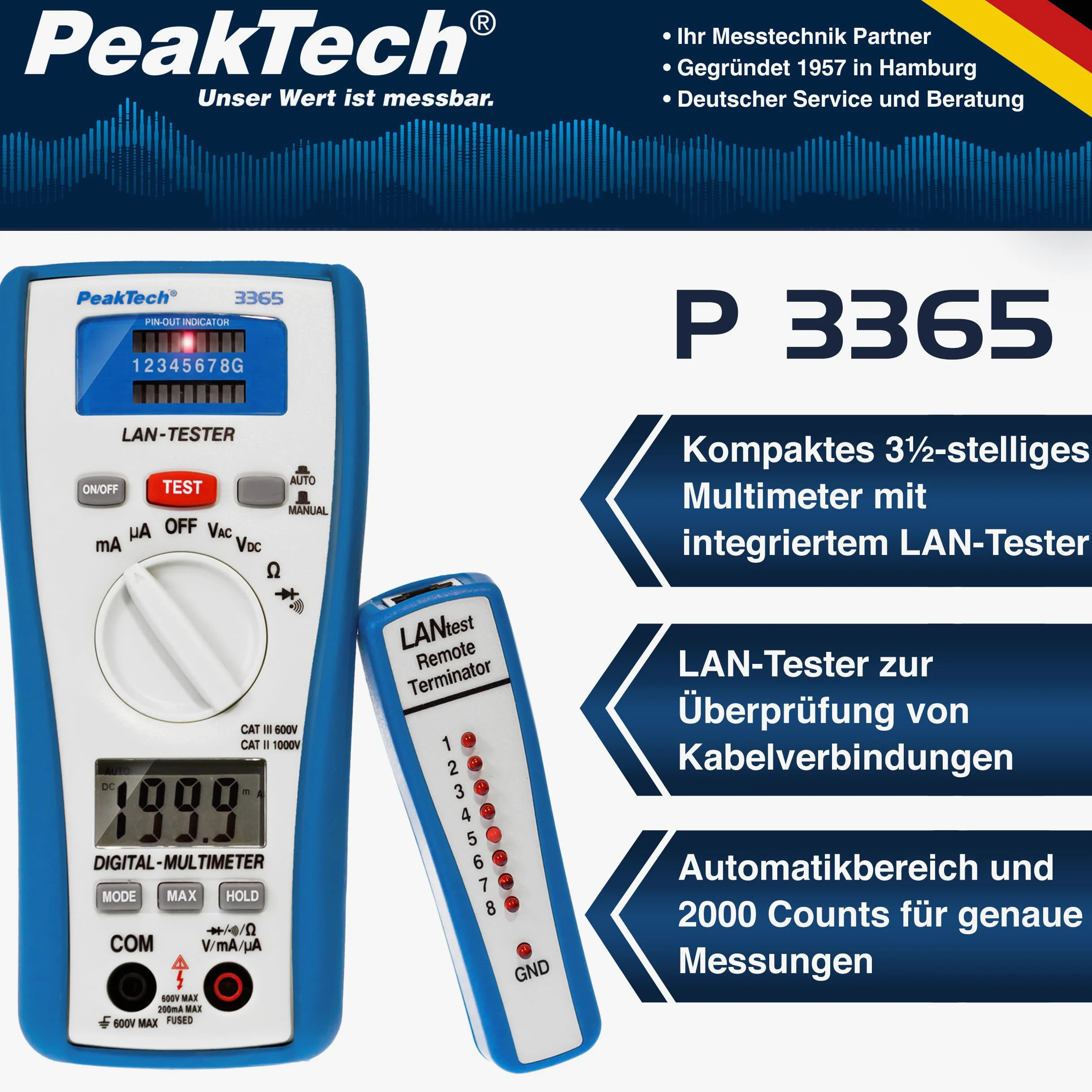 PeakTech P 3365 - Multimetr Cyfrowy ~ 2.000 zliczeń ~ 600V AC/DC ~ 200mA AC/DC - z LAN - Tester