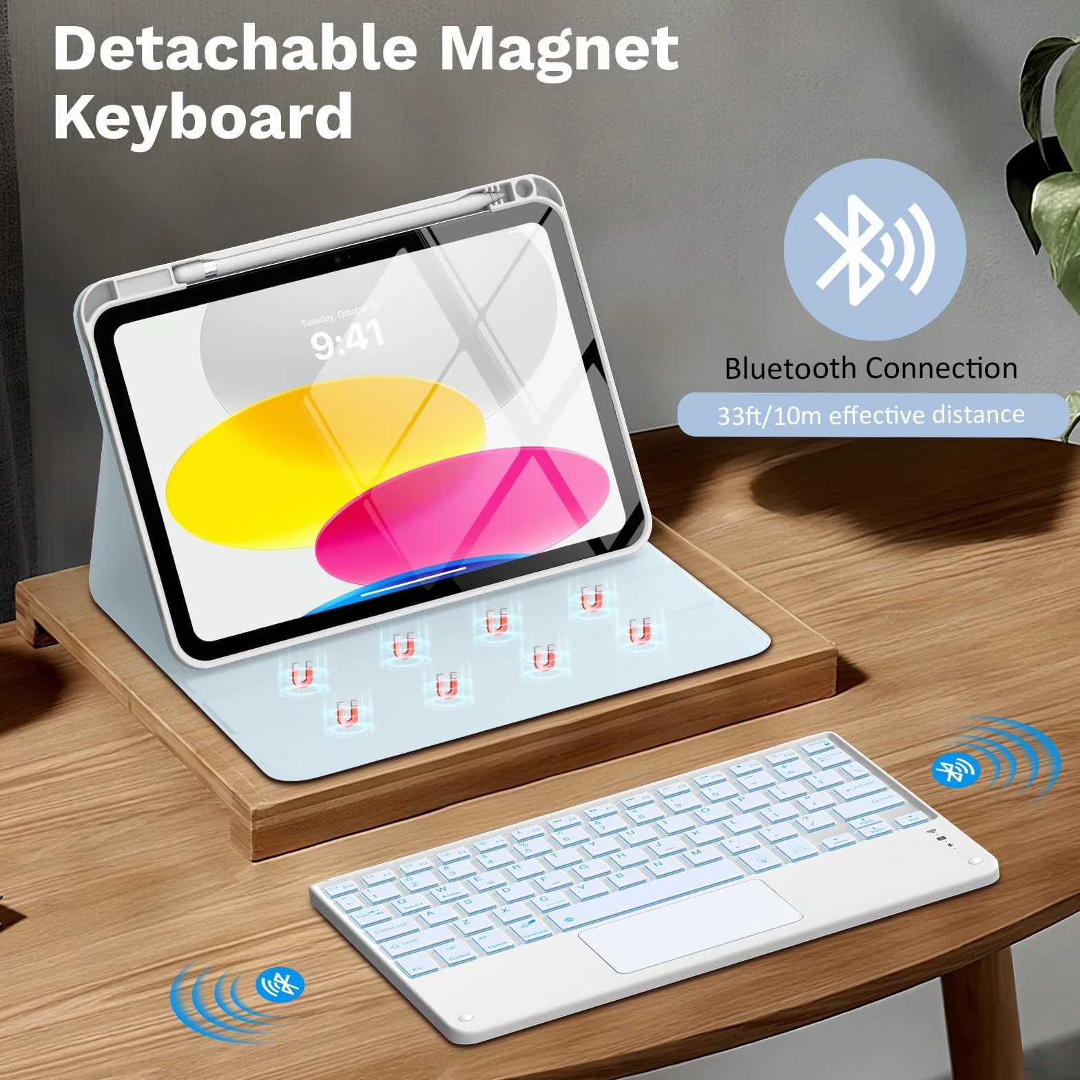 MoKo iPad 11th/10th Generation Case with Keyboard 2025/2024, 7 Colors Backlight & Multi-Touch Trackpad, Detachable Keyboard Folio Stand Cover with Pencil Holder, Sky Blue