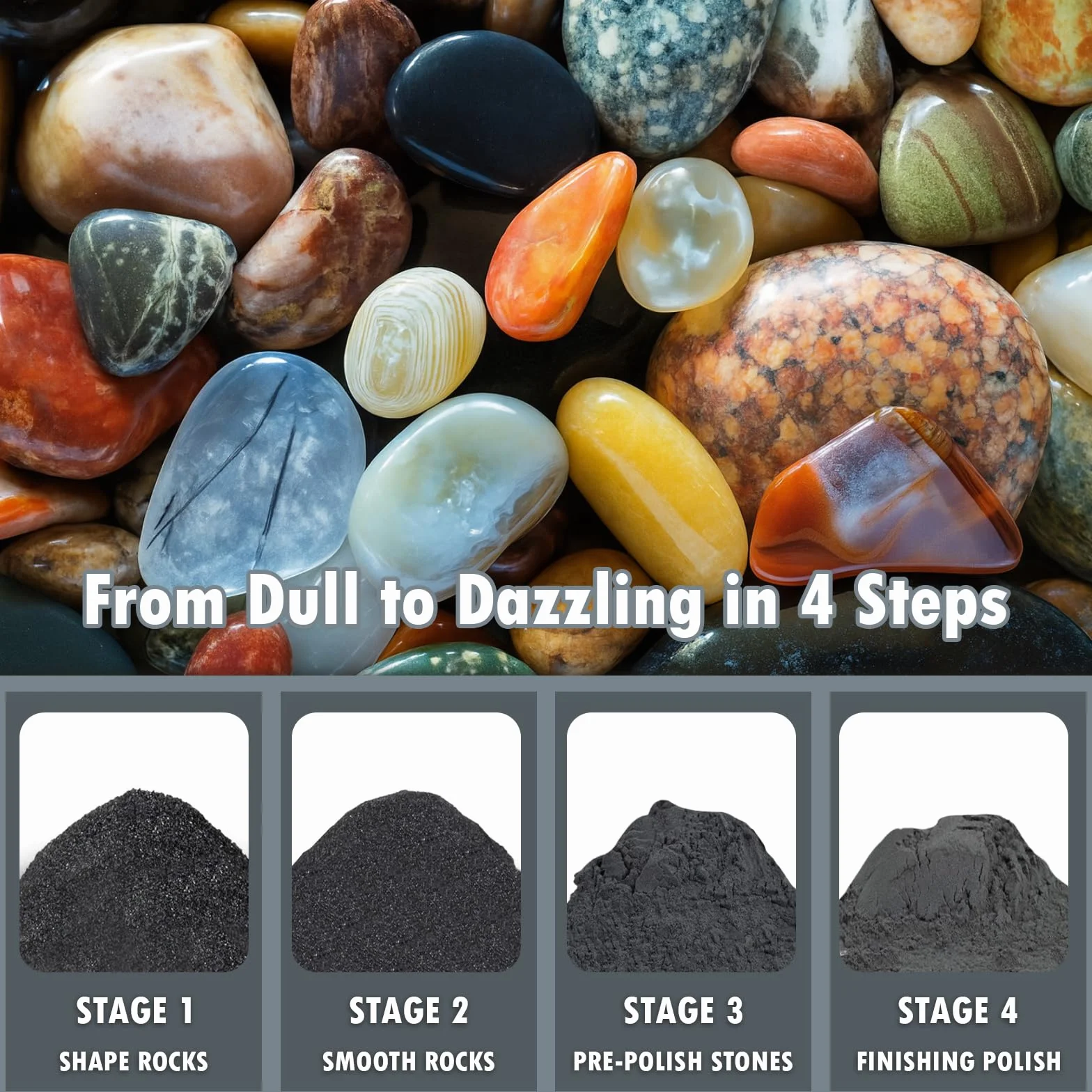 Rock Tumbler Grit and Polish Refill Kit 2 kg – do każdej marki Rock Polish, 4 x podstawka do lalek (gruboziarniste/średnie / wstępnie wypolerowane/polerowane)