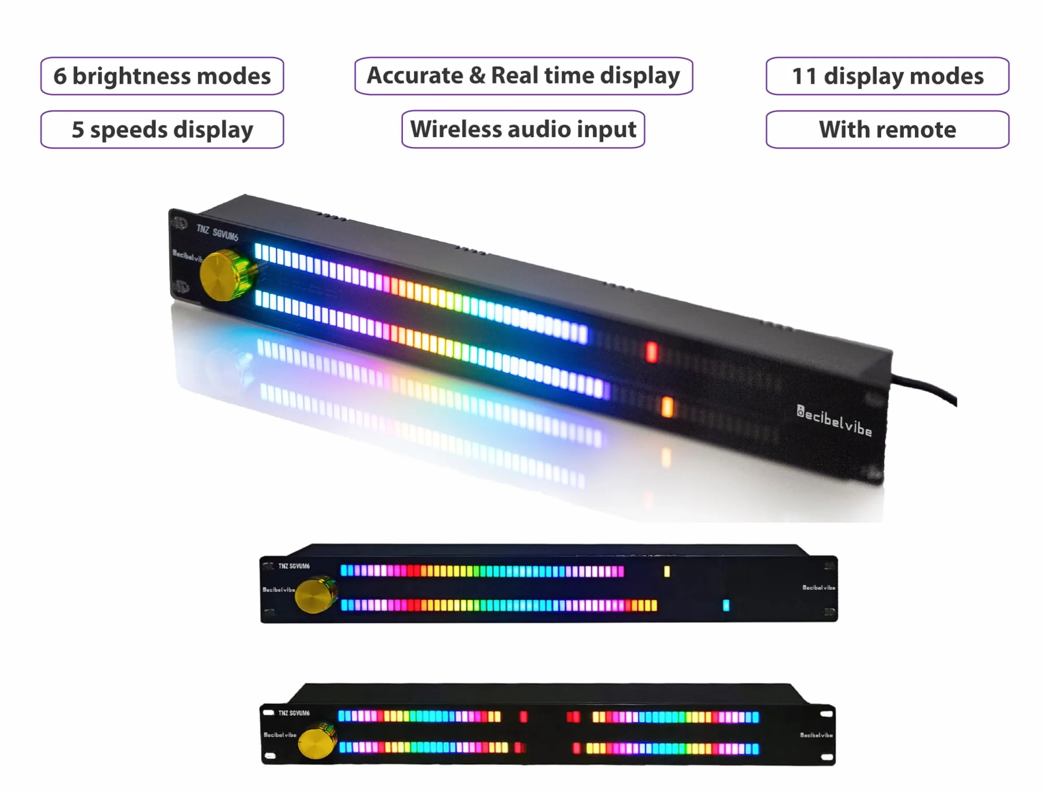 Decibelvibe TNZ SGVUM6 - miernik VU z wejściem/wyjściem RCA-Jack 3.5, wejście bezprzewodowe przez wbudowany mikrofon, 19 kolorów, do systemów audio HiFi, kina domowego, profesjonalnego sono, DJ (złoty