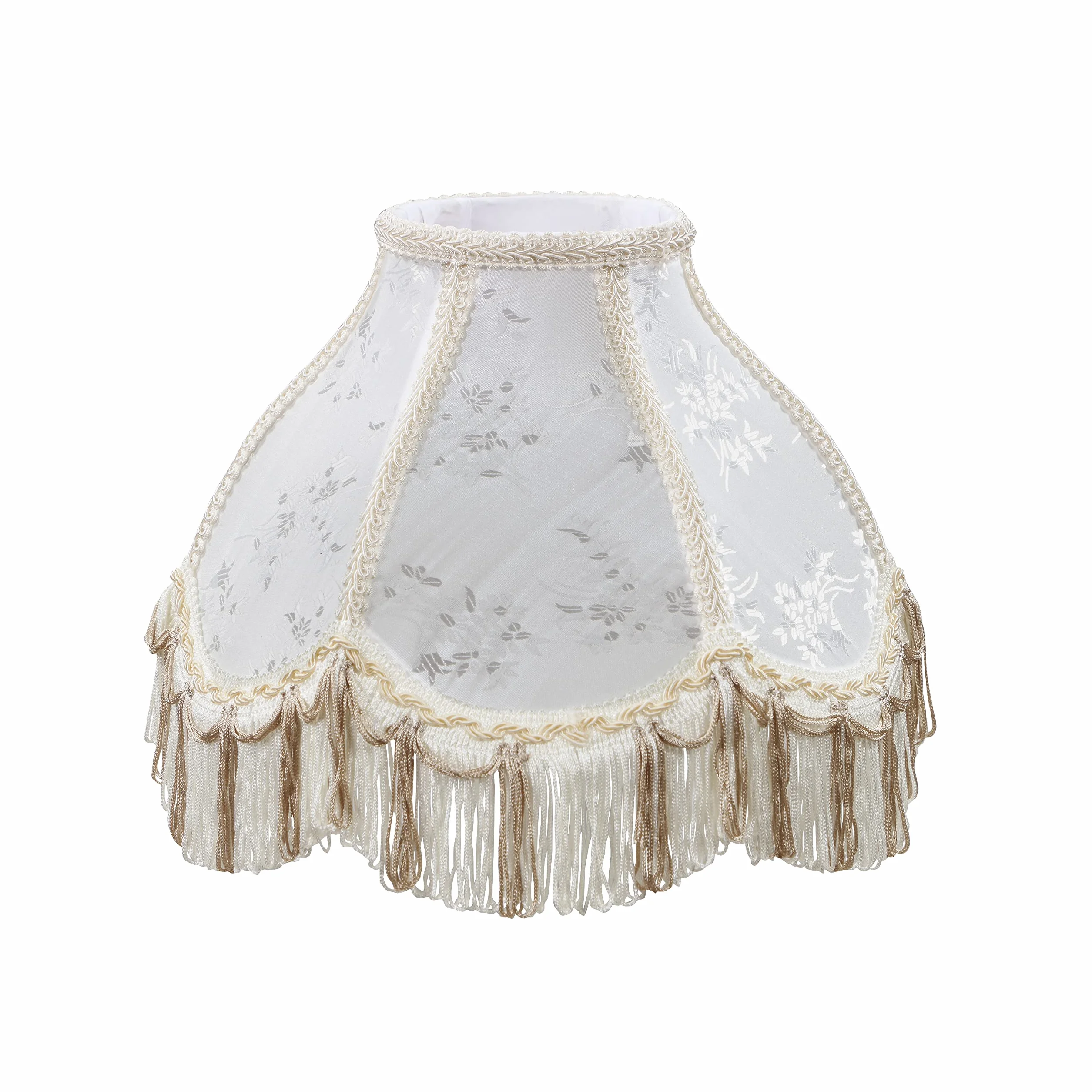Aspen Creative Corporation 55004, ręcznie szyty muszelkowy klosz lampy przejściowy UNO z frędzlami, tkanina żakardowa w kolorze kości słoniowej, 10 cm góra x 25 cm dół x 18 cm wysokość, poślizg UNO 33