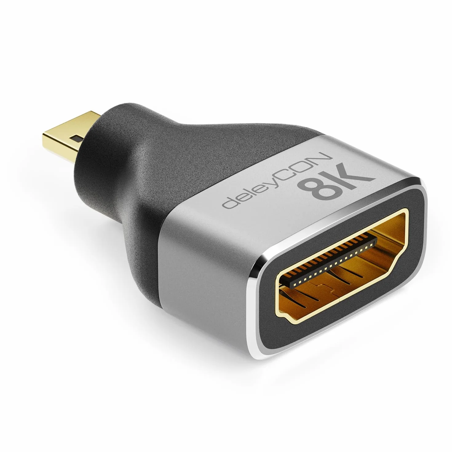 deleyCON Adapter Micro HDMI HDMI 2.1 8K@60Hz 4K@120Hz UHD Aluminium 48 Gb/s ARC HDR10+ Dolby Vision VRR ALLM Szary Czarny