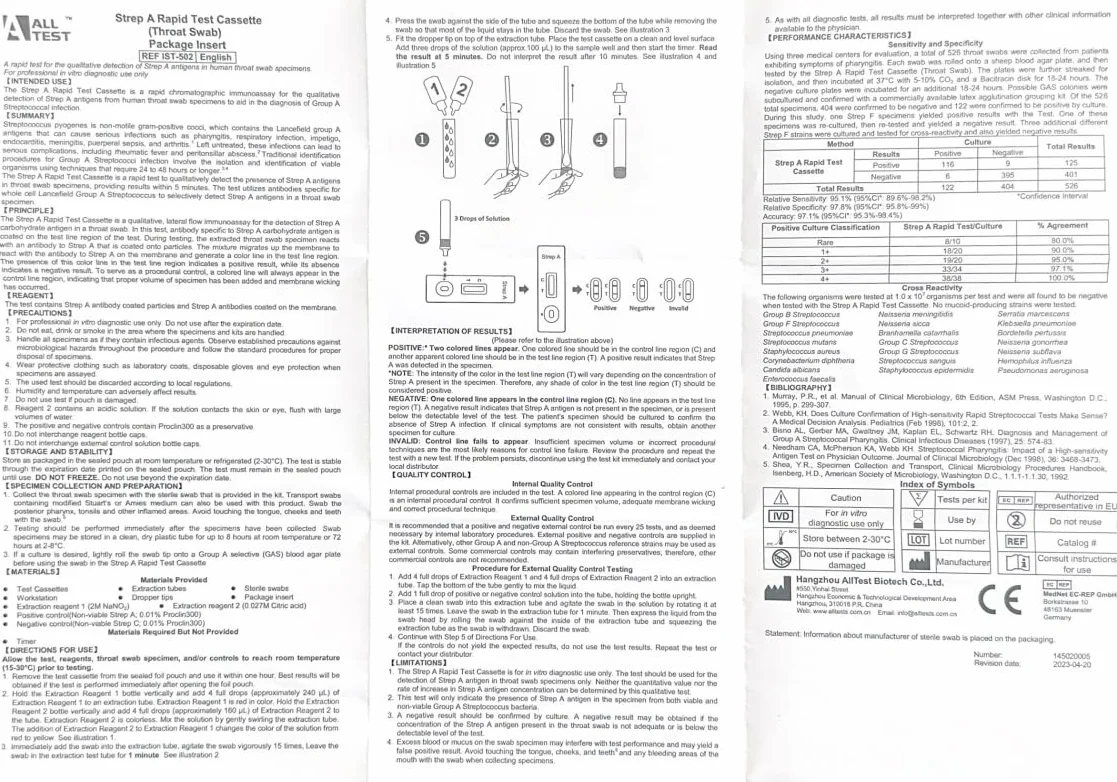 ALLTEST Streptococcus Test A Rapid Test Houses (wymaz z gardła) 20 sztuk