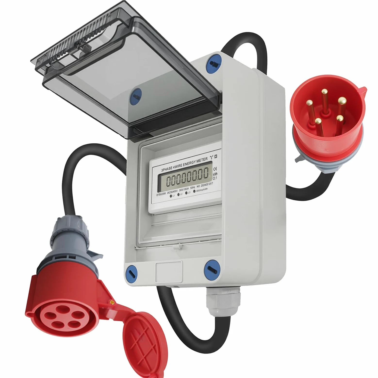 Mobilny licznik prądu, 3 fazy 400 V z wtyczką CEE i złączem, kabel 2 m, kalibracja MID, IP44, do samochodów kempingowych, samochodów elektrycznych, na kemping, do przemysłu