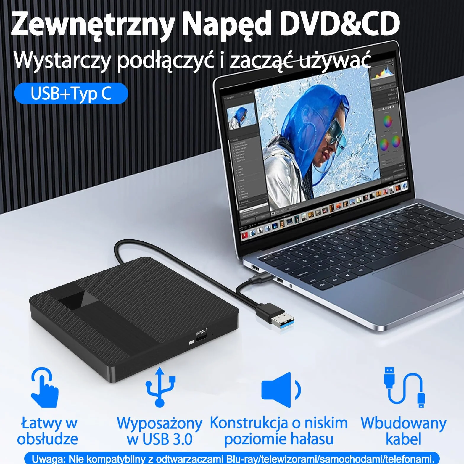 Zewnętrzny napęd CD/DVD USB 3.0 Typ-C Nagrywarka +/-RW Przenośny do laptopów i komputerów Mac OS Windows 11/10/8/7/XP Linux