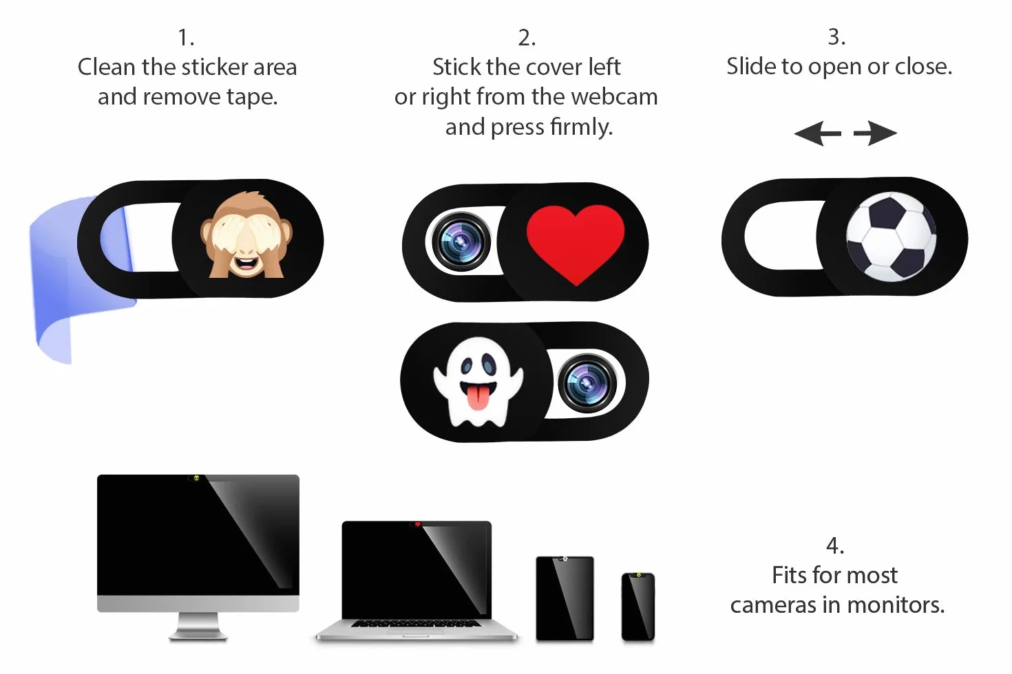 Osłona kamery internetowej 3-pak ze wzorem emoji. Bardzo cienka osłona na kamere 0,8 mm, do laptopów, tabletów, telefonów komórkowych, iMac, Macbooków, iPhone'a, notebooka (Ghost, Zany Face, Monkey)