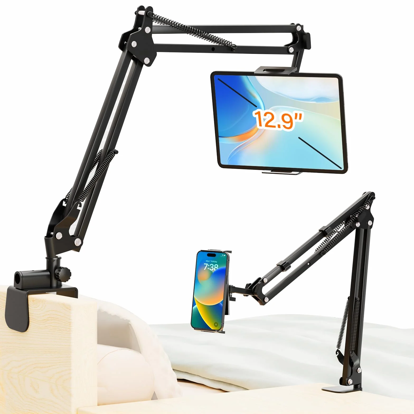 PEYOU Uchwyt na tablet do łóżka, regulowany uchwyt Kindle z obrotowym ramieniem o 360 stopni, składany stojak na iPada z 4 klipsami do przewodów, pasuje do iPada, iPhone'a, Kindle, Switch lub innych