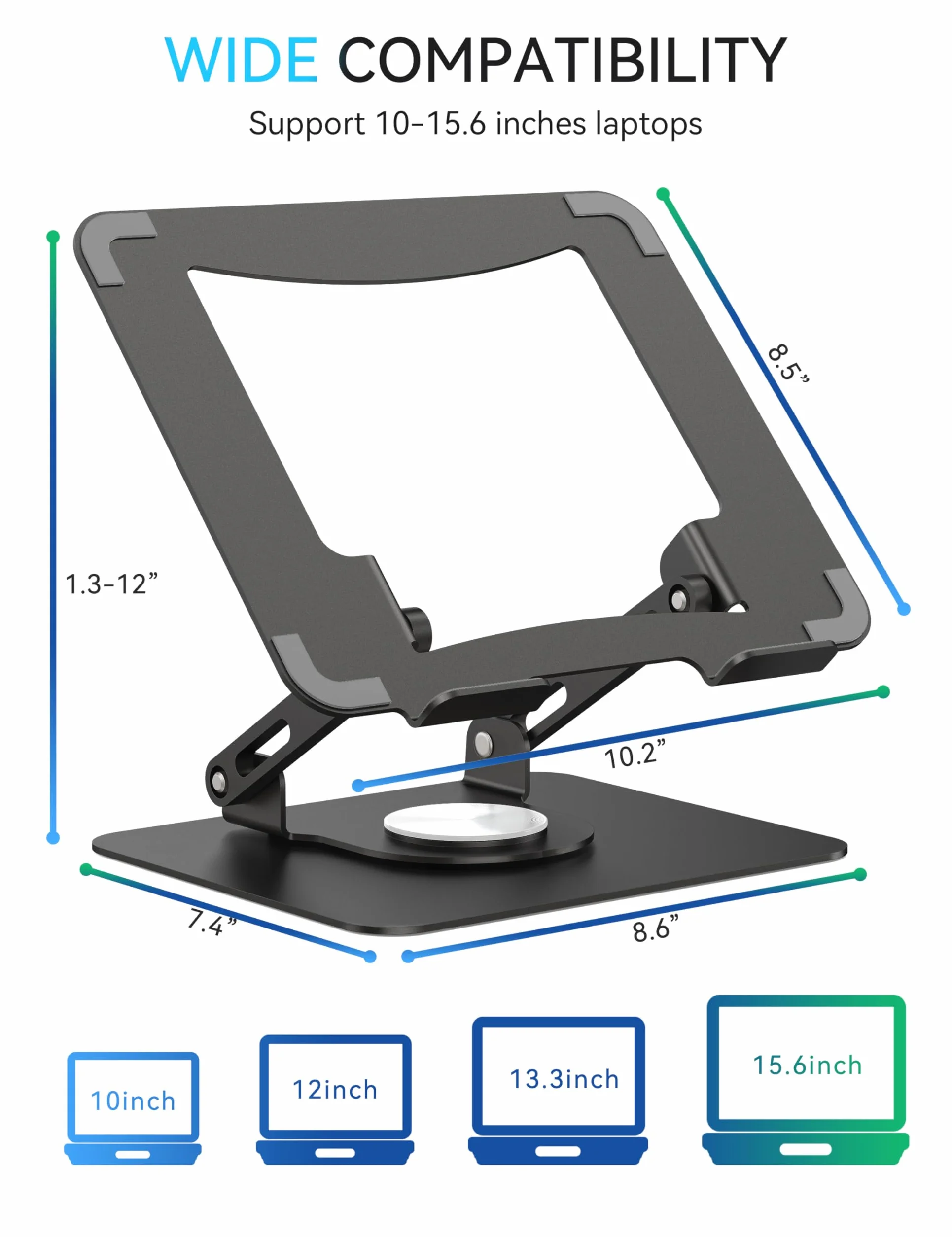 SOUNDANCE Stojak na laptopa z podstawą obrotową 360°, ergonomiczny podest komputerowy na biurko, regulowana, składany uchwyt na laptopa, stabilny uchwyt na notebooka 10-15,6 cala (czarny)