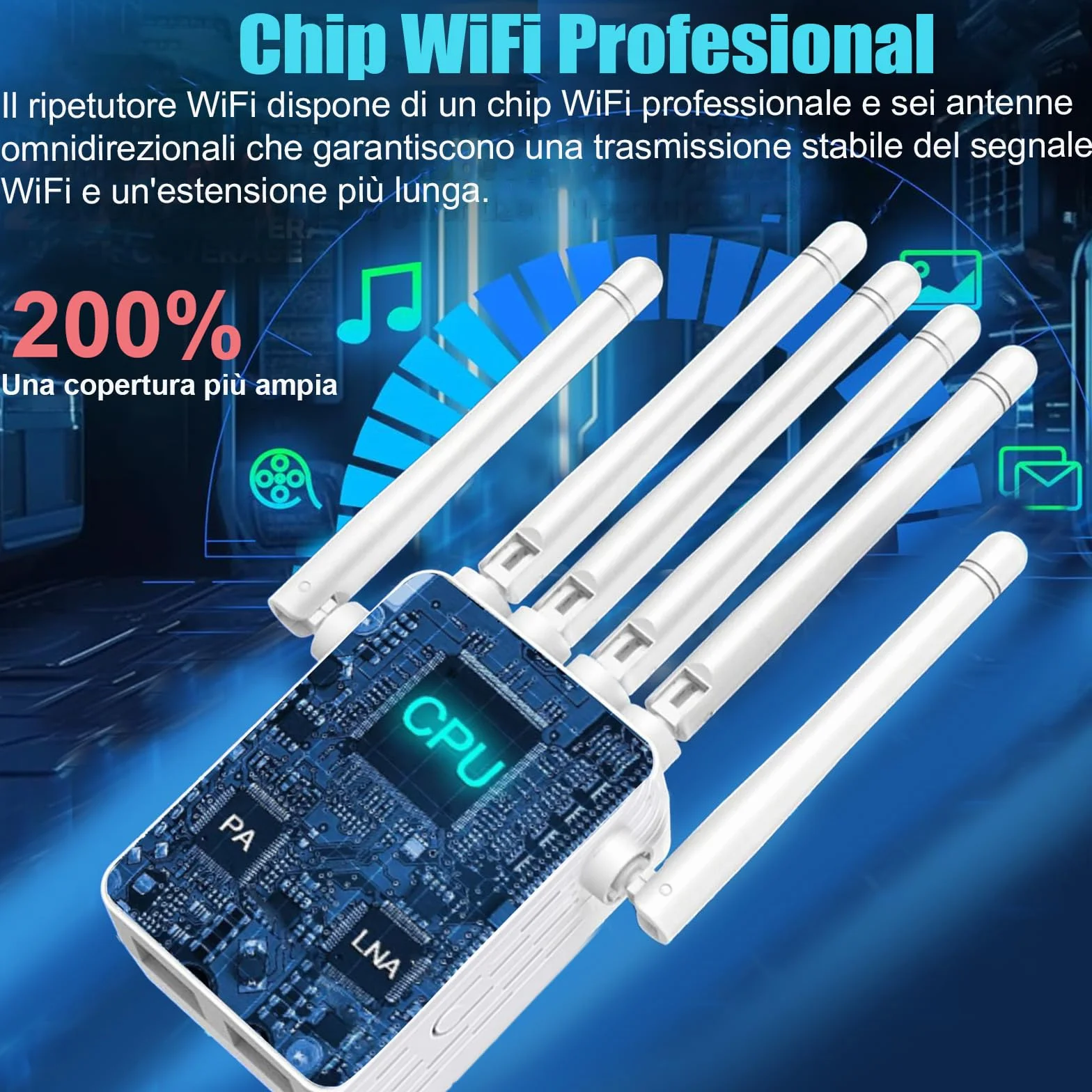 Wzmacniacz sygnału WiFi 1200 Mb/s 6 anten przedłużacz zasięgu 1000 m² 2 porty LAN 3 tryby repeater router AP
