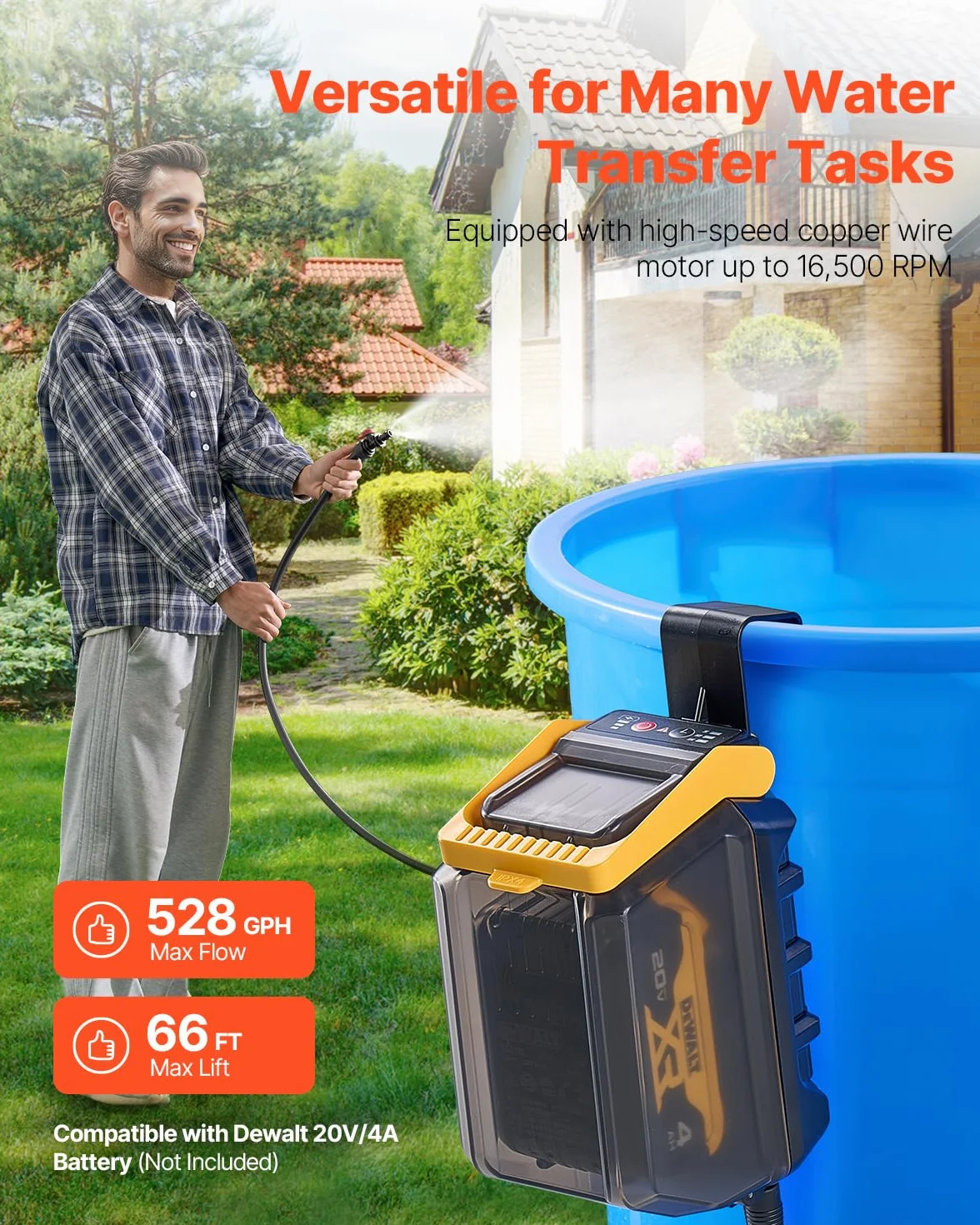 VEVOR 528 GPH Bezprzewodowa zatapialna pompa wodna do transferu wody z wężem G3/4", kompatybilna z Dewalt 20V MAX bateria (bez baterii) do basenu, ogrodu, stawu