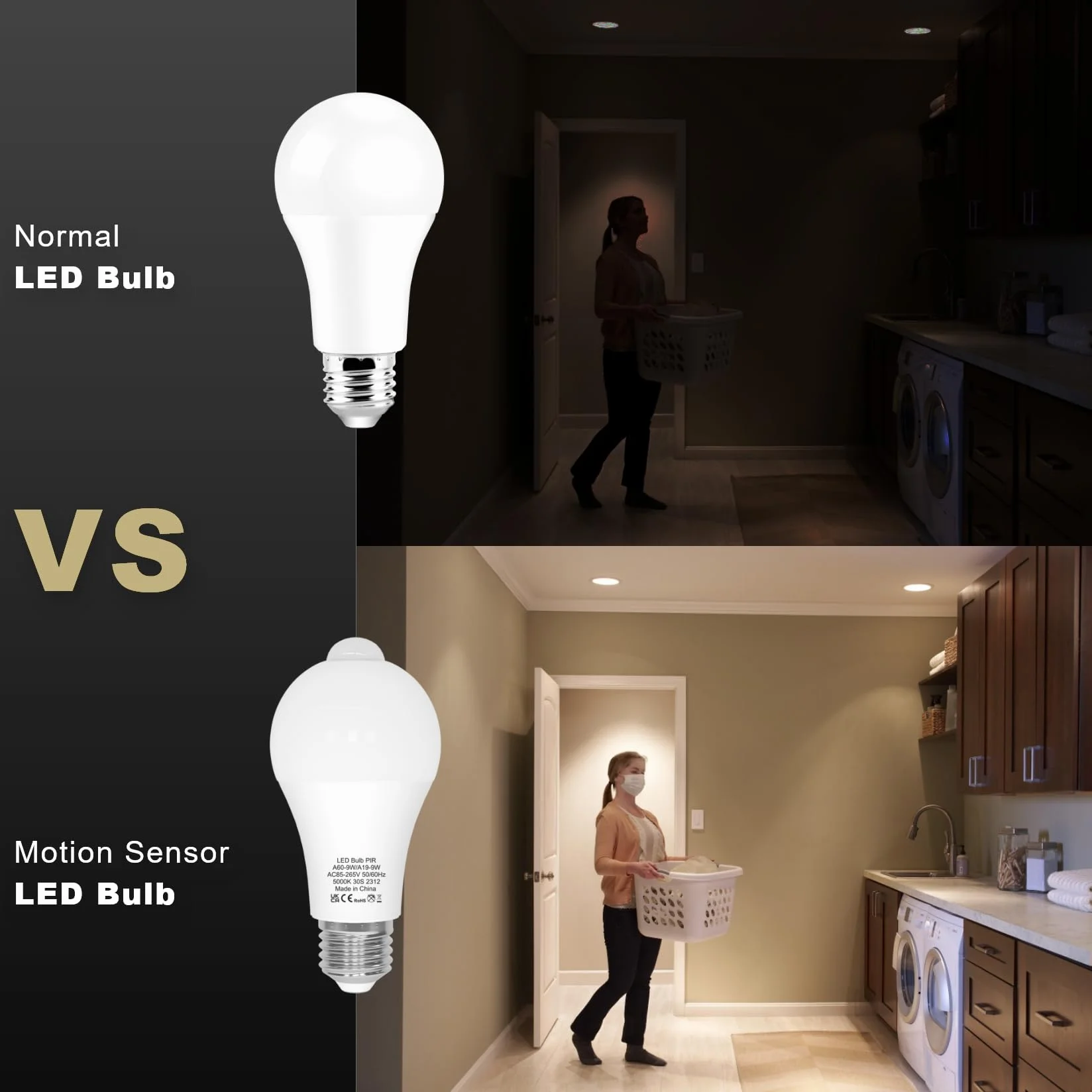 Żarówka z czujnikiem ruchu, żarówka LED E27 z czujnikiem ruchu PIR, światło białe, 5000 K, 9 W, 900 lm, żarówki bezpieczeństwa, automatyczne włączanie/wyłączanie, do korytarza i garażu, opakowani