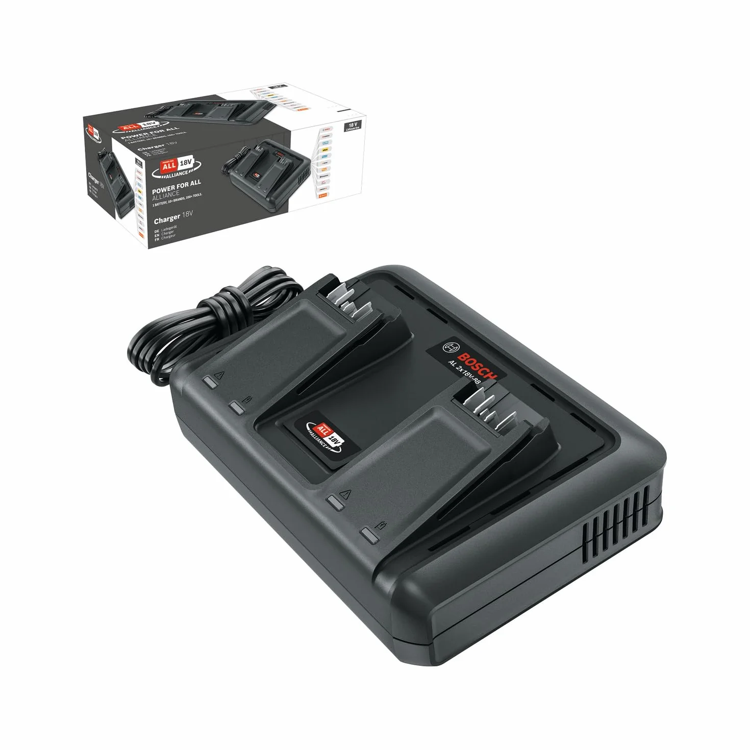 Bosch Ładowarka AL 2x18V-88 (18V, 2x 4,4A; Jednoczesne ładowanie 2 baterii 18V; 18V POWER FOR ALL ALLIANCE)