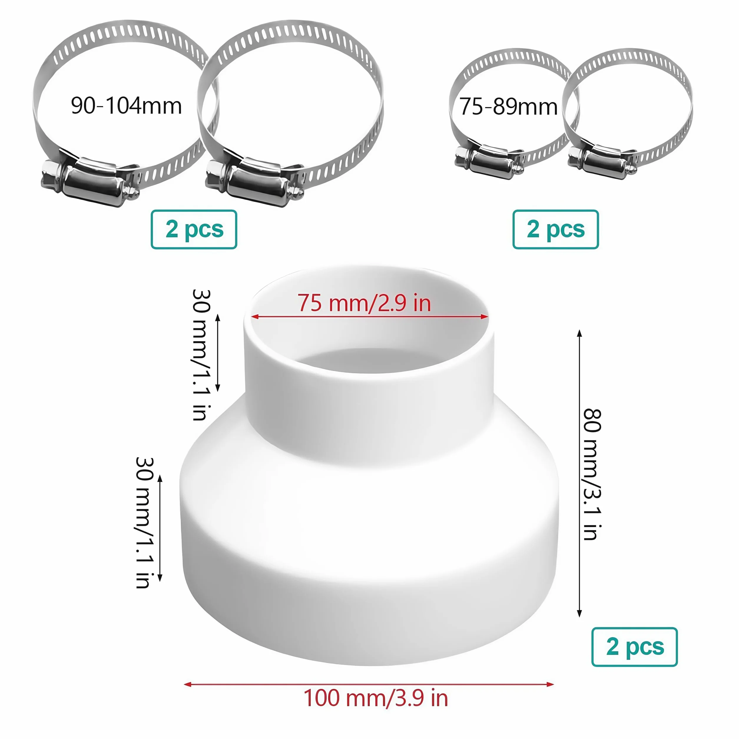 2 szt. Adapter węża do wyciągania okapu kuchennego, adapter węża 100 mm do 75 mm, reduktor do rur wentylacyjnych i redukcji średnicy.