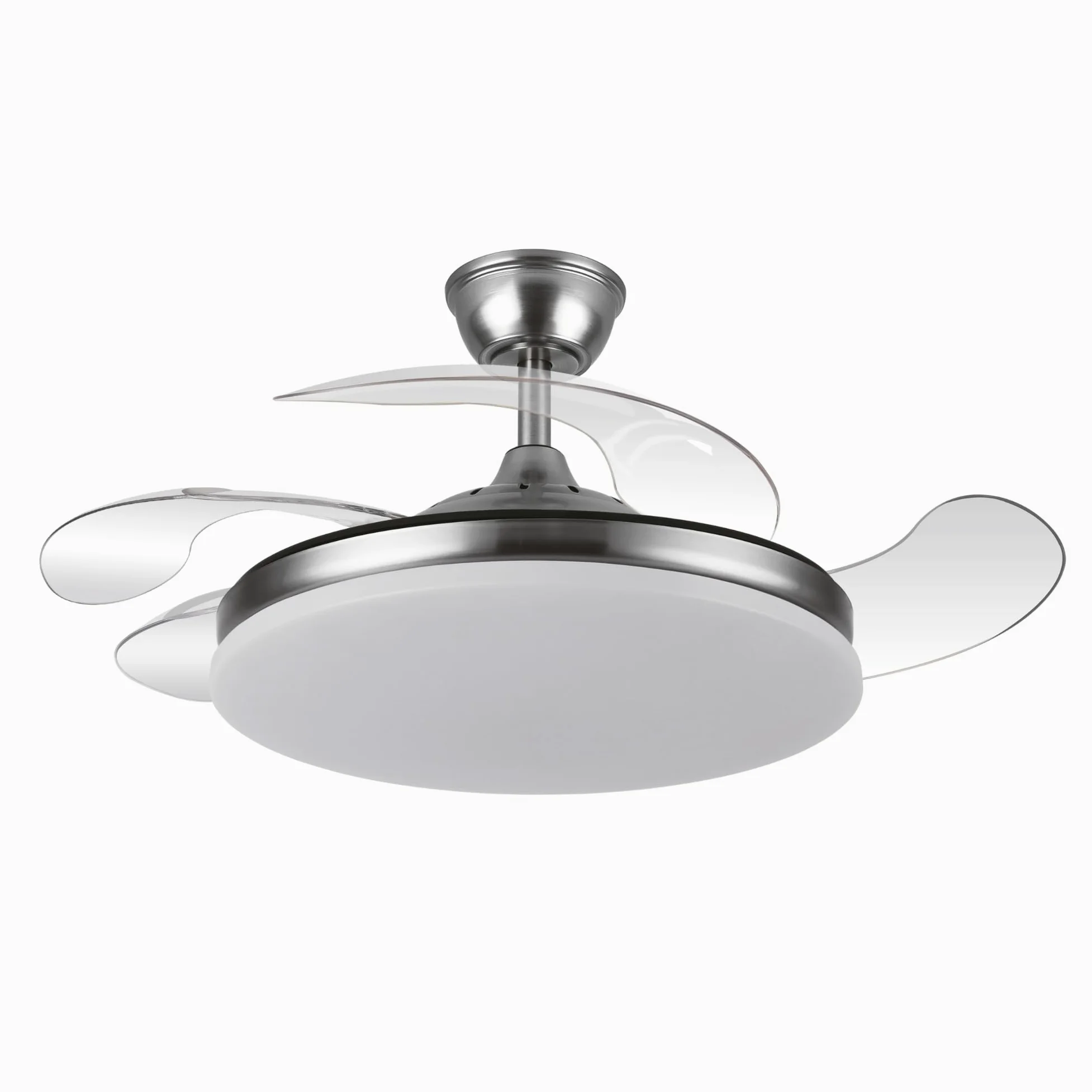 Yatek KALA Wentylator Sufitowy LED Nikiel, chowane przezroczyste łopatki, cichy silnik DC, pilot, ściemniane światło 59 W, 6980 lm, 6 prędkości, funkcja lato/zima, Ø 107 cm