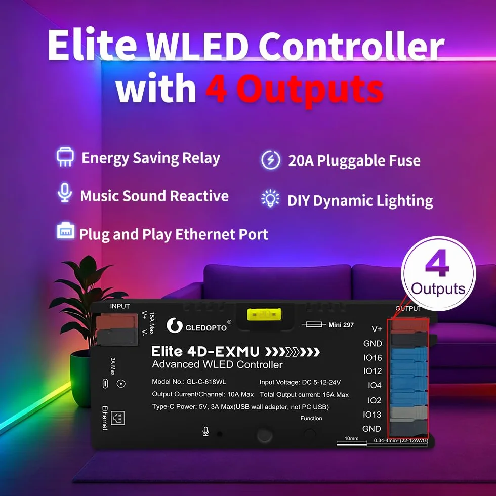 GLEDOPTO ESP32 WLED kontroler z 4 wyjściami Ethernet Music Sound UART 20 A bezpiecznik statywowy do WS2811 WS2812 SK6812 WS2815 Adresowana cyfrowa listwa świetlna RGB IC (618WL-4 wyjścia)