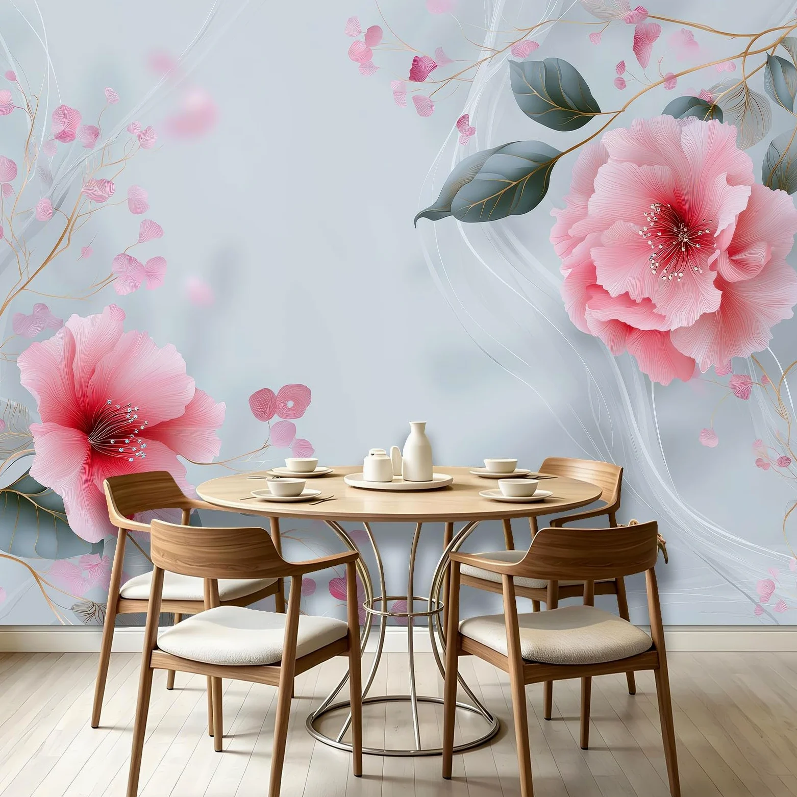 Générique Tapeta ścienna do salonu - kwiatowe płatki piwonii - 300x210cm Panoramiczna tapeta z włókniny, botaniczne linie falowane dekoracje ścienne 3D gobelin fotograficzny