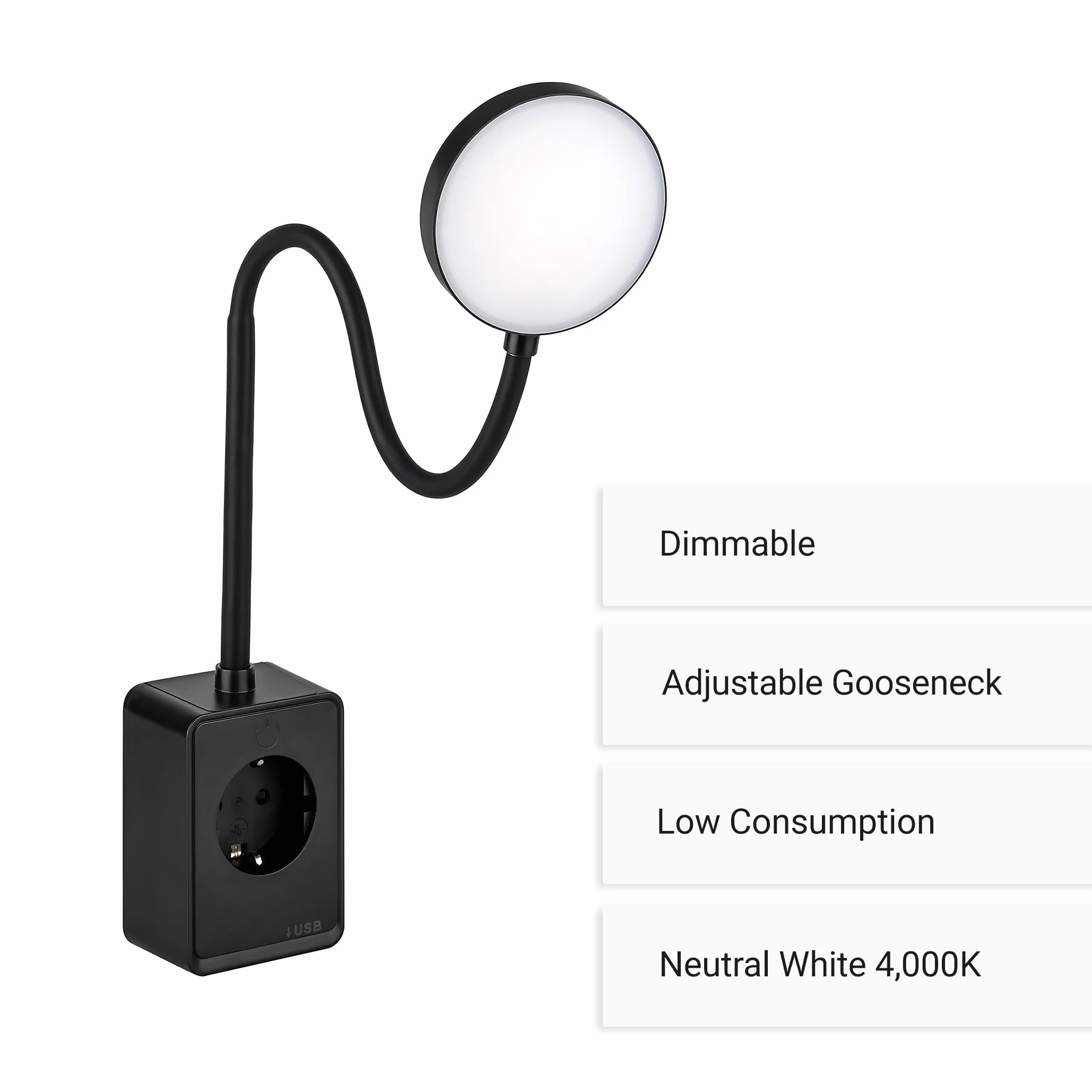 SEBSON Lampa LED o zmiennym gniazdku, lampka do czytania i gniazdko elektryczne ze złączem USB-C, elastyczna gęsia szyja, neutralna biel, 4000 K, lampka nocna, 4,5 W, czarna