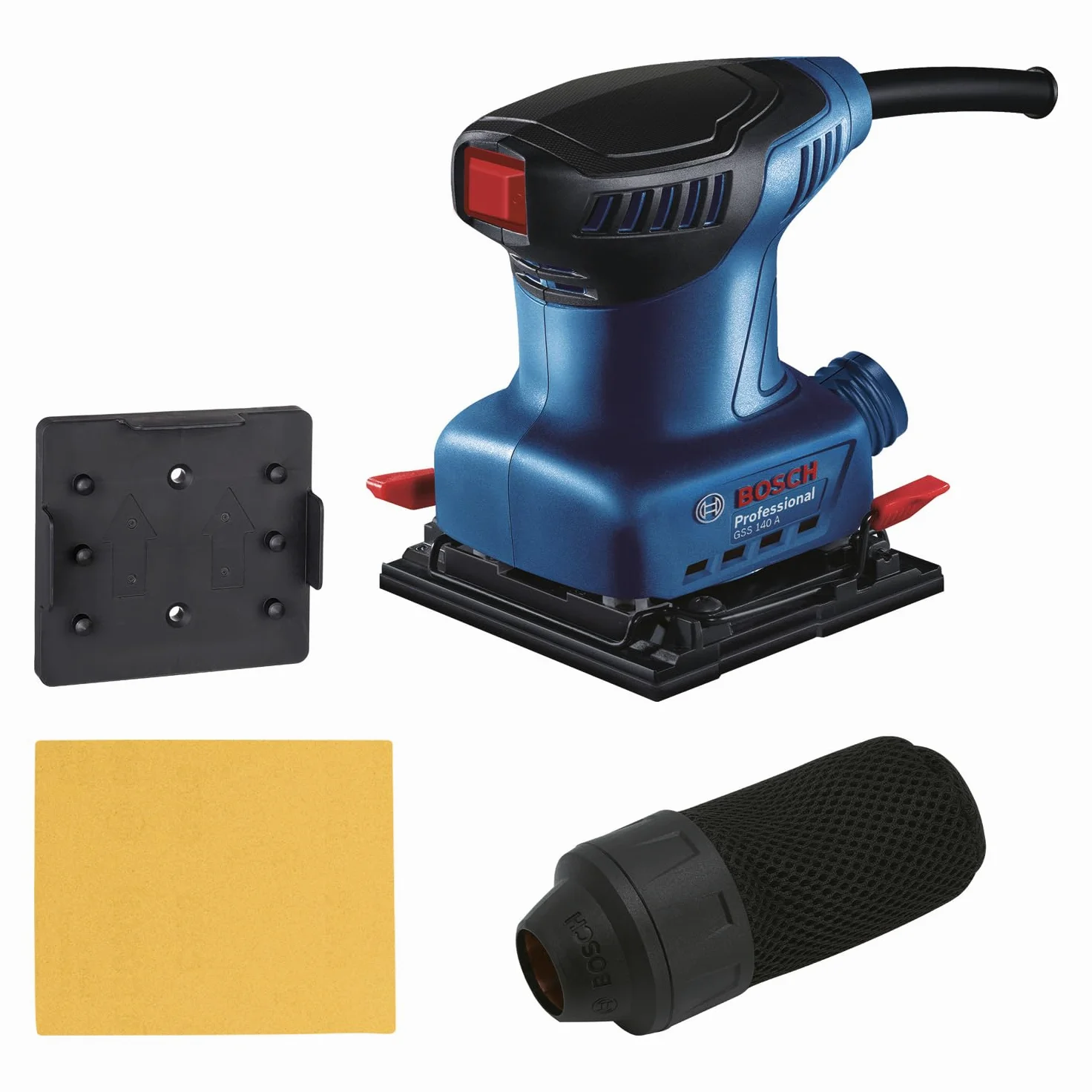 Bosch Professional: szlifierka oscylacyjna GSS 140 (silnik 220 W, poziom drgań 3,4 m/s2, worek na pył, płyta dziurkująca, papier ścierny C411)