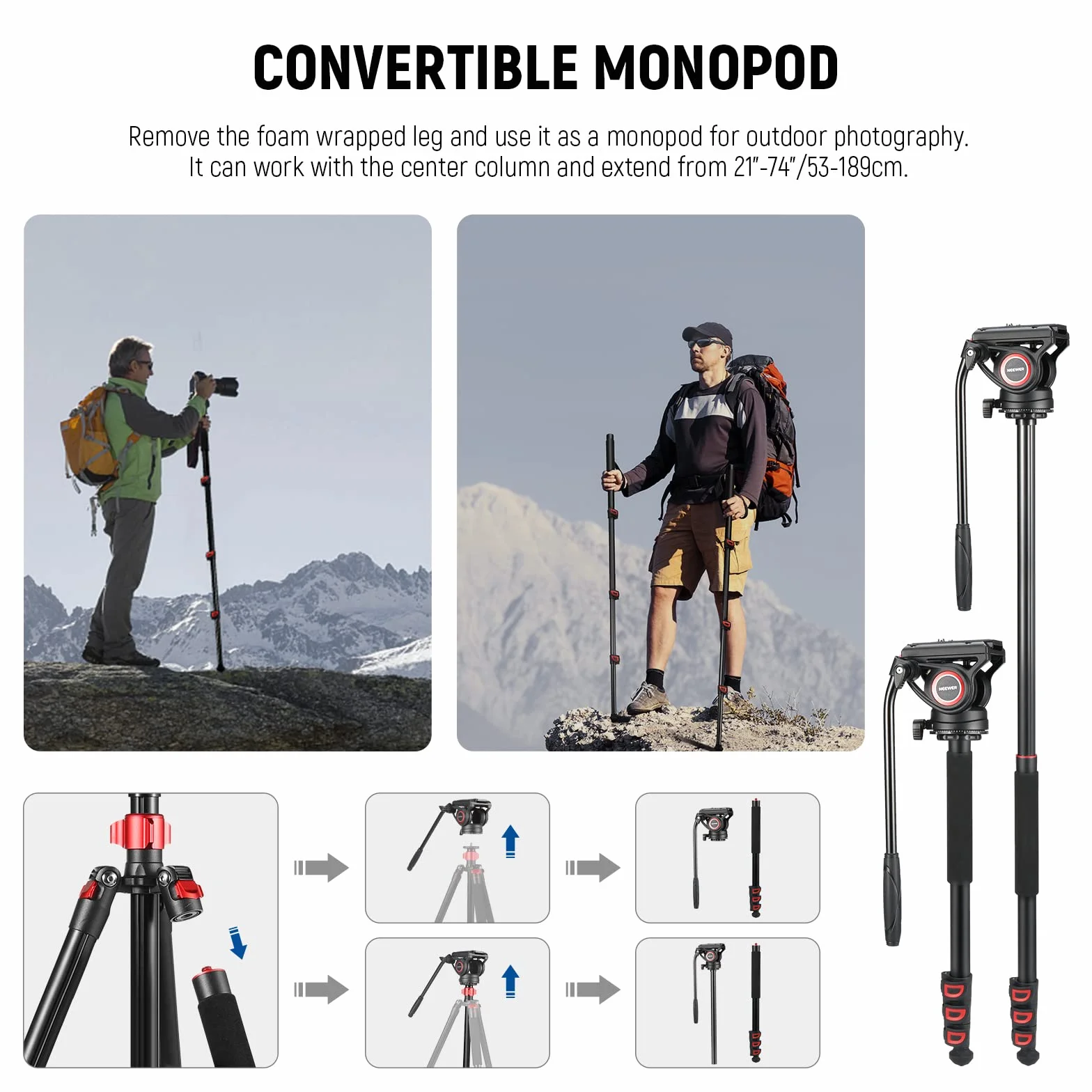 NEEWER 72" statyw monopodowy z głowicą fluidową, obciążenie 8 kg, kompatybilny z DJI RS Gimbal Manfrotto