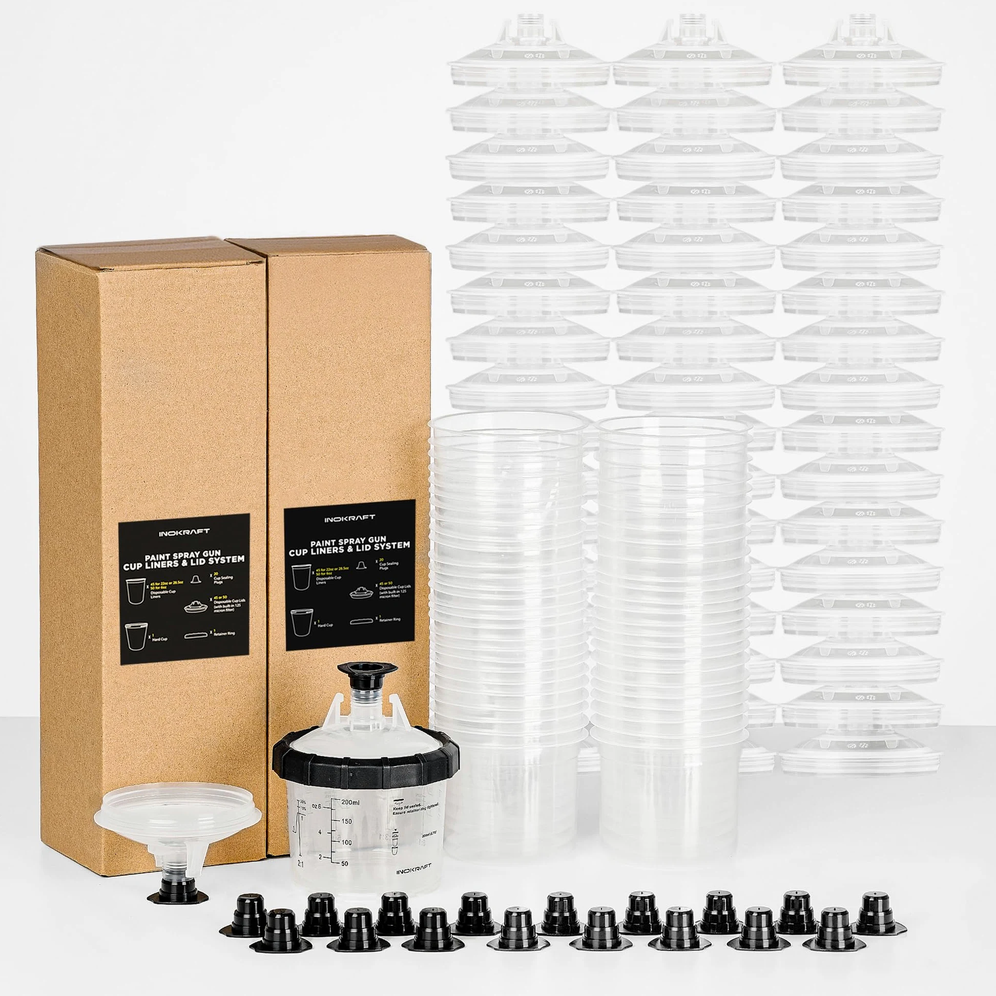 Jednorazowy pistolet natryskowy, system malowania do pistoletu do malowania HVLP i LVLP, mini zestaw 170 ml (200 ml) z 50 kubkami i systemem pokrywek, 1 twardy kubek z pierścieniem ustalającym i 20