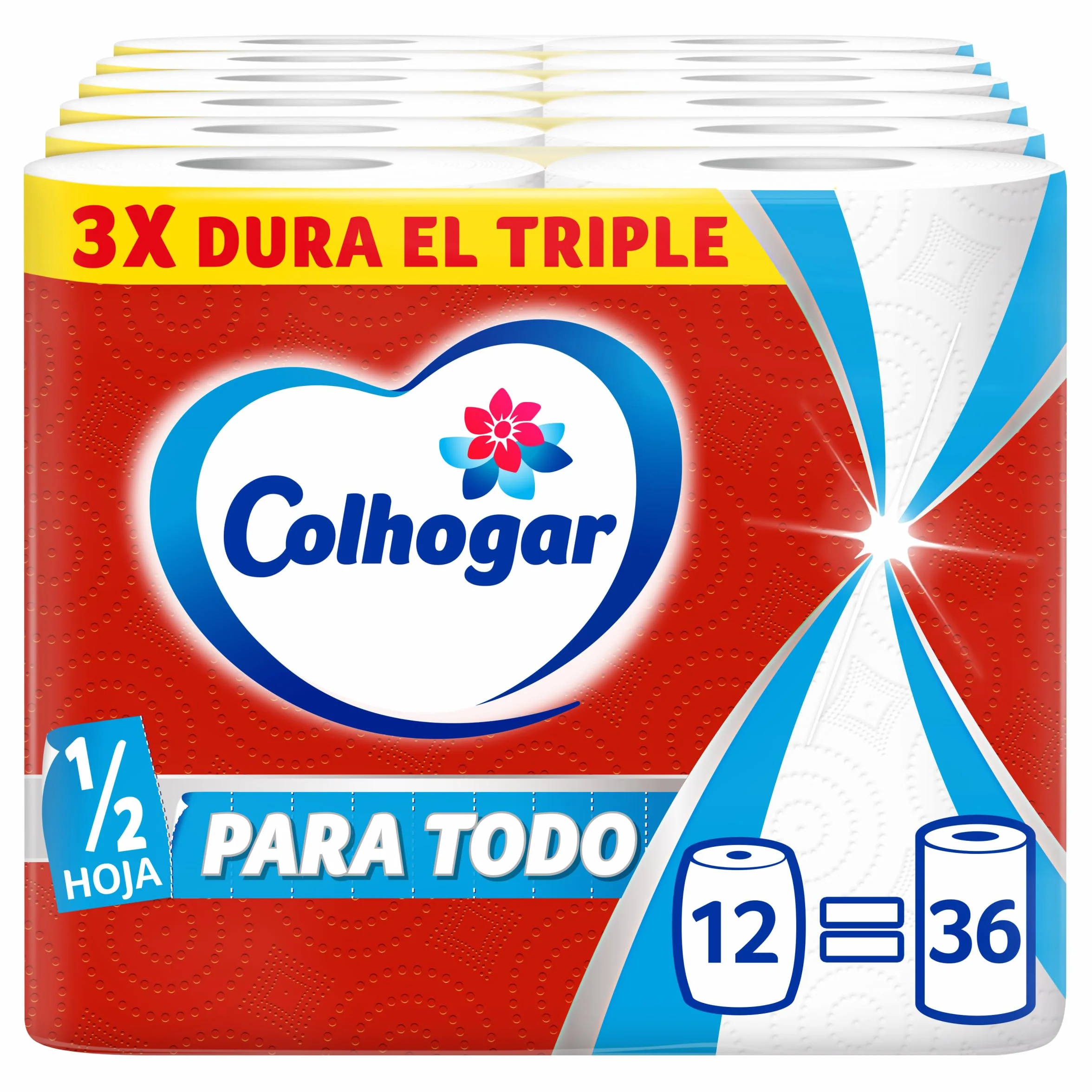 Colhogar Paratodo Maxirolls 6 x 2, Papier Kuchenny Wielofunkcyjne, Rolki ręczników papierowych do gotowania potrójnego czasu i absorpcji, 12 rolek