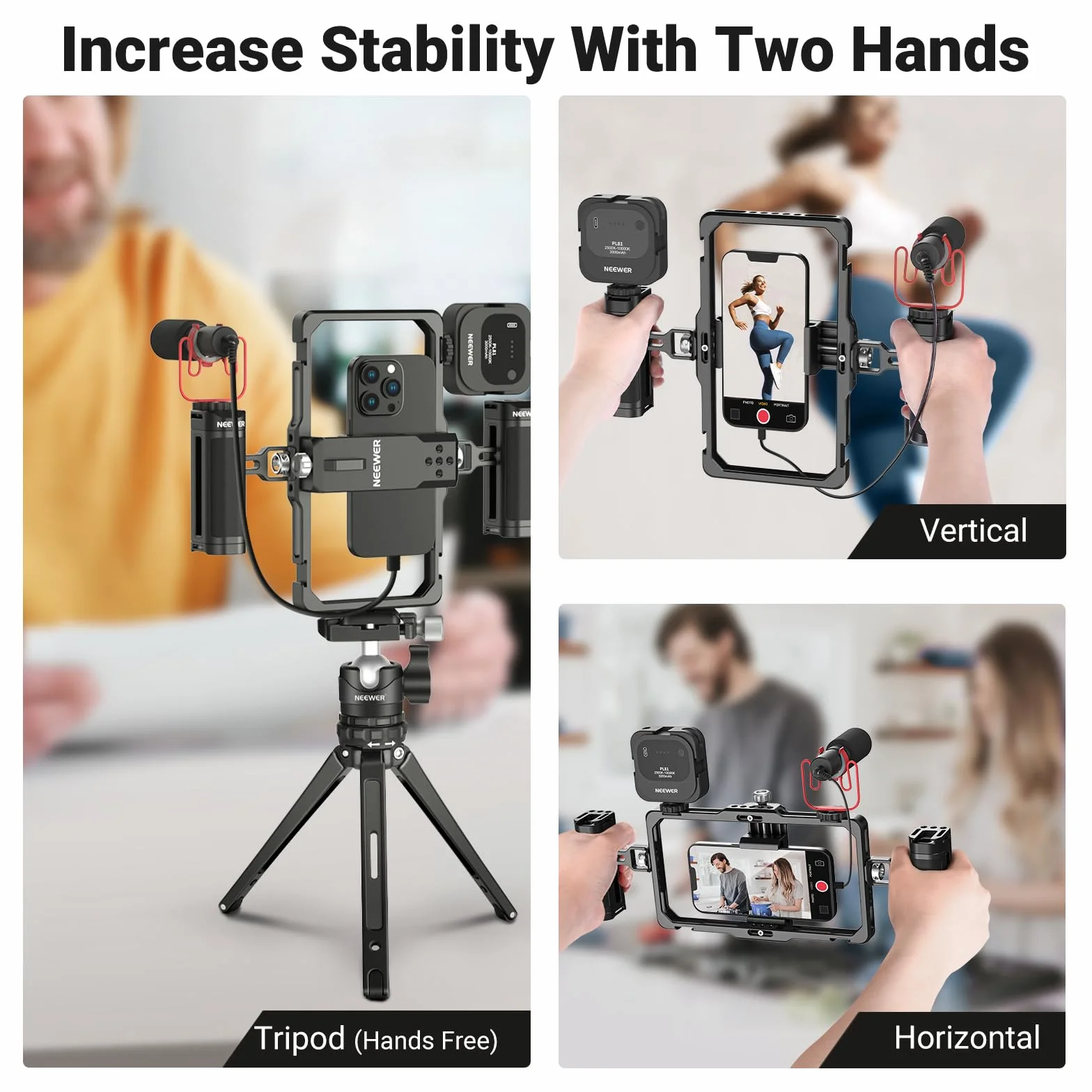 NEEWER Ulepszona klatka na telefon, zestaw do vlogowania, stabilizator wideo z podwójnym uchwytem, bezprzewodowy mikrofon do Tiktok/YouTube, kompatybilny z SmallRig iPhone 16 15 14 Pro Max Galaxy S23