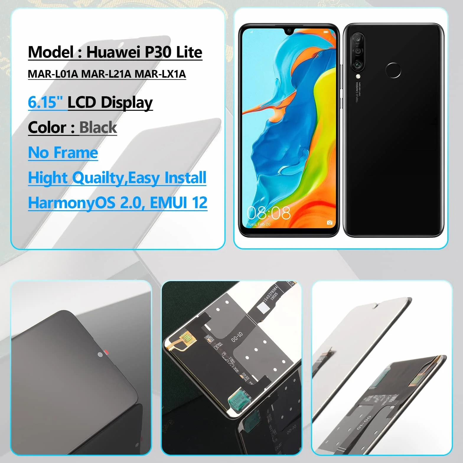 Ekran dotykowy LCD 6,15" do Huawei P30 Lite/Nova 4E MAR-L01A MAR-L21A MAR-LX1A czarny