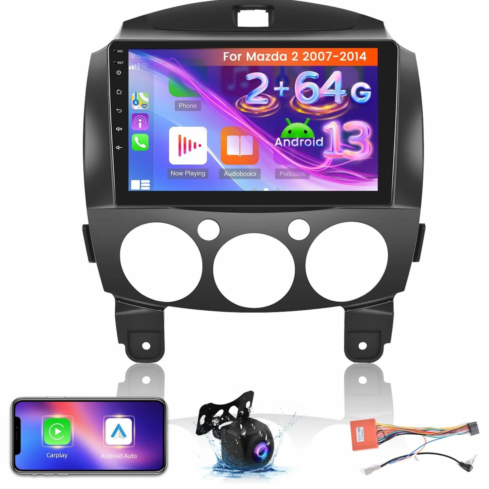 Radio samochodowe 9-calowy Android 13 2+64G do Mazdy 2 2007-2014 Bezprzewodowe Carplay Android Auto WiFi GPS FM RDS Kamera cofania AHD