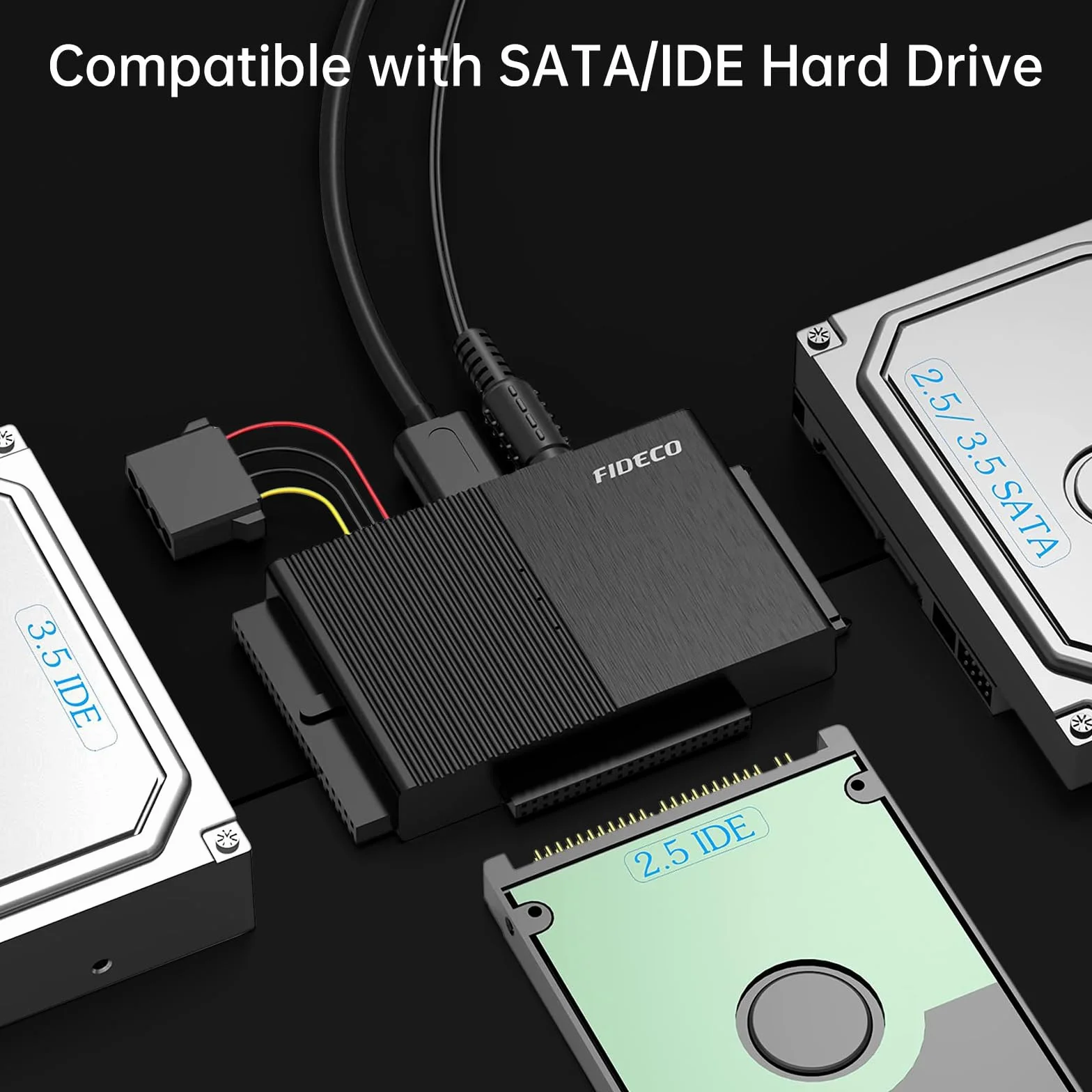 FIDECO USB 3.0 Dysk twardy Adapter dla 2,5 cala HDD/SSD, konwerter SATA i IDE z zasilaniem DC 12V 2A