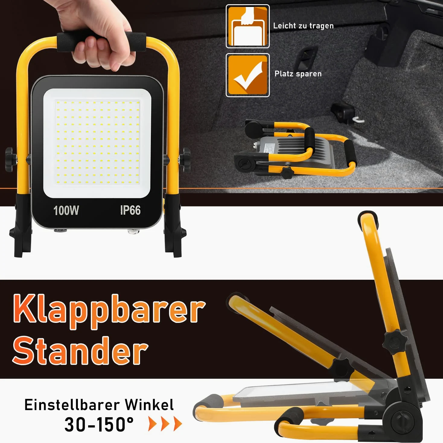 Ikodm Reflektor budowlany LED, 2 x 100 W, przenośny reflektor, 10000 lm, 6000 K, zimna biel, reflektor budowlany, lampa robocza IP66, kabel M i składany stojak do warsztatu (z wtyczką)