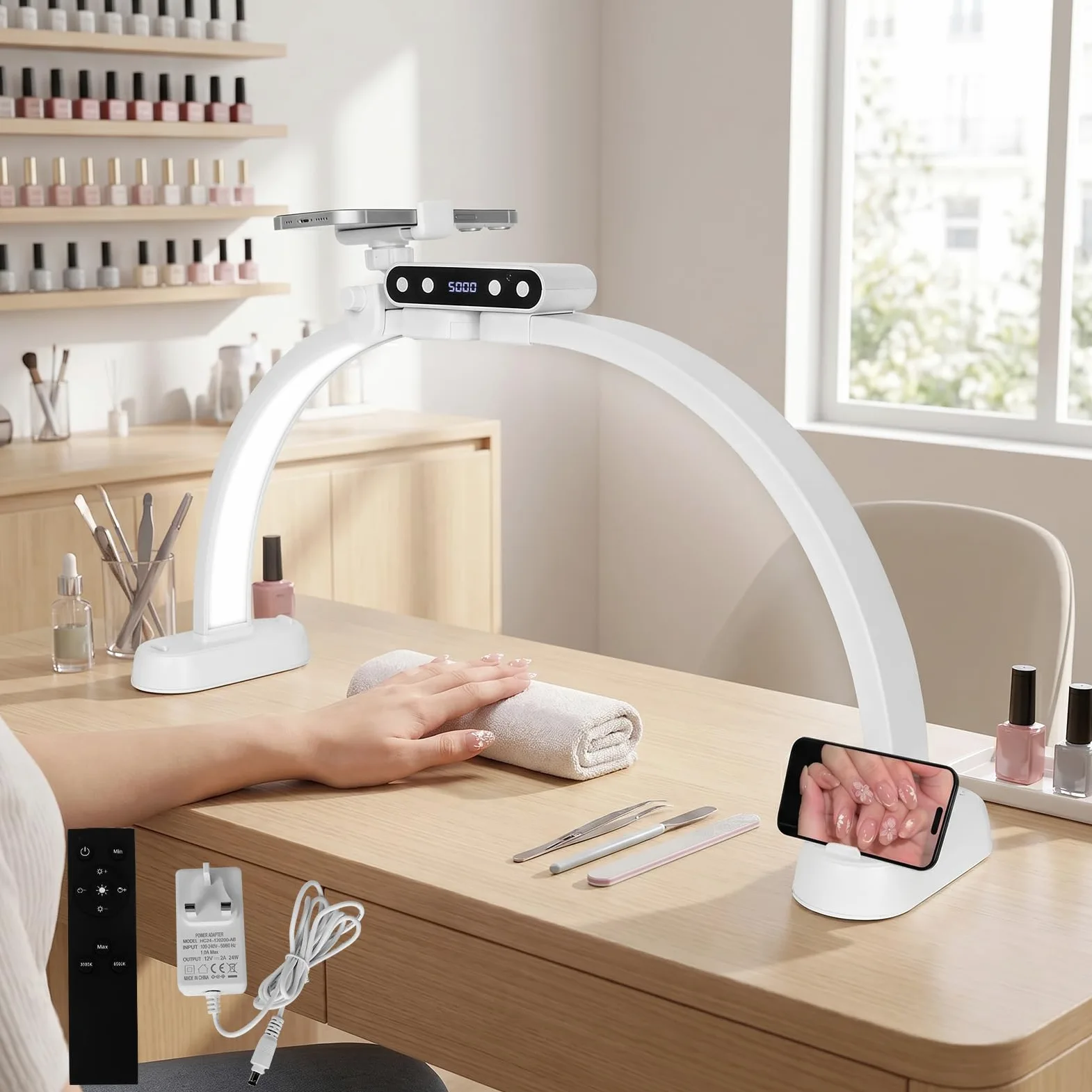 Lampa stołowa LED z 3 trybami kolorystycznymi, składana lampa łukowa ze stojakiem na telefon do manicure, przedłużanie rzęs, piękno, tatuaż