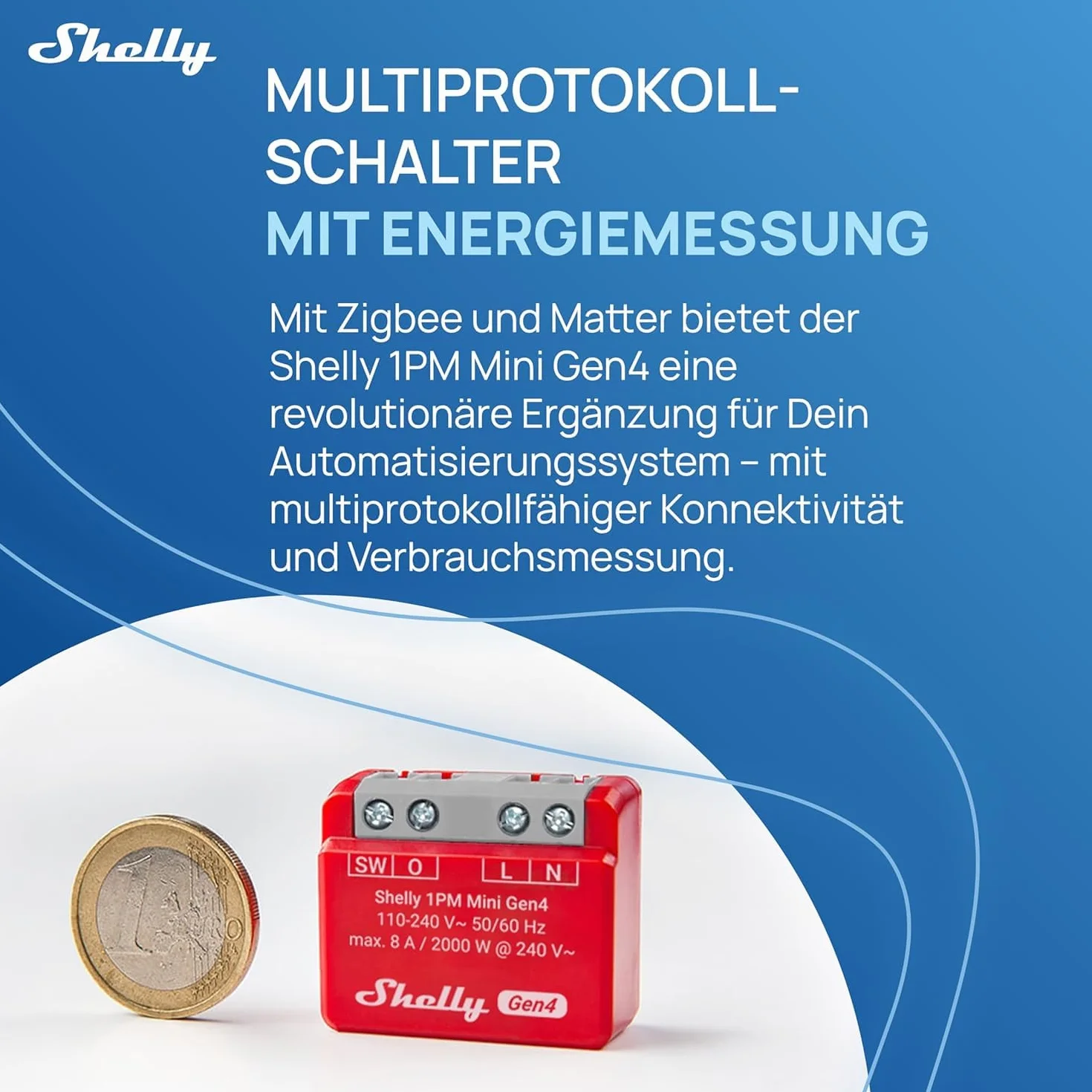 Shelly 1PM Mini Gen4, inteligentny przełącznik przekaźnikowy zasilany Wi-Fi, 1 kanał, 8 A, pomiar mocy, automatyka domowa, nie wymaga koncentratora, Alexa, Apple HomeKit & Google Home, Zigbee & Matter