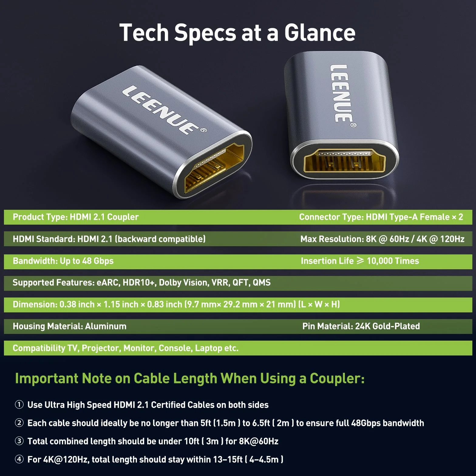 Złącze HDMI 8K żeńskie na żeńskie, aluminiowy adapter HDMI 2.1 60Hz 4K 120Hz