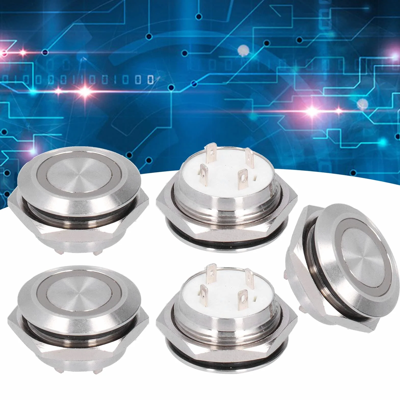 5 szt. Metalowy Chwilowy Przełącznik Wciskany z diodą LED, Mini Auto Reset Ultra Cienki Wodoodporny Przełącznik 19 Mm (DC12~24V Niebieski)