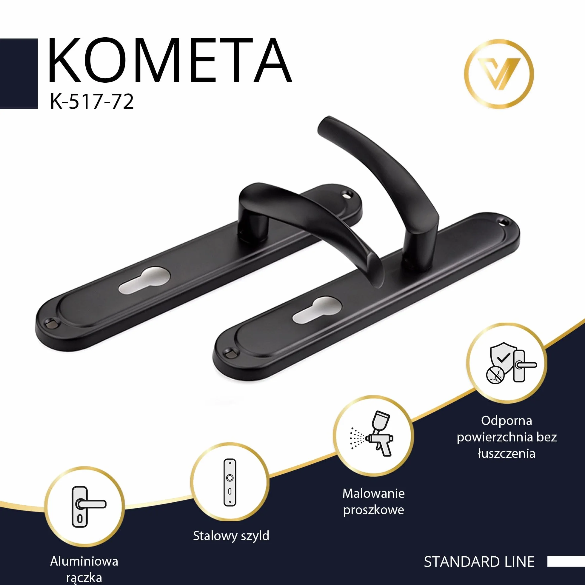 Klamka Okucie Drzwiowe 72mm Zestaw do Drzwi 40-62 mm Zewnętrznych Długi Szyld Lewa Prawa Łatwy Montaż Stal Aluminium System na Wkładkę Nowoczesna 120mm x 64mm Czarny Mat -K-517-72 P2
