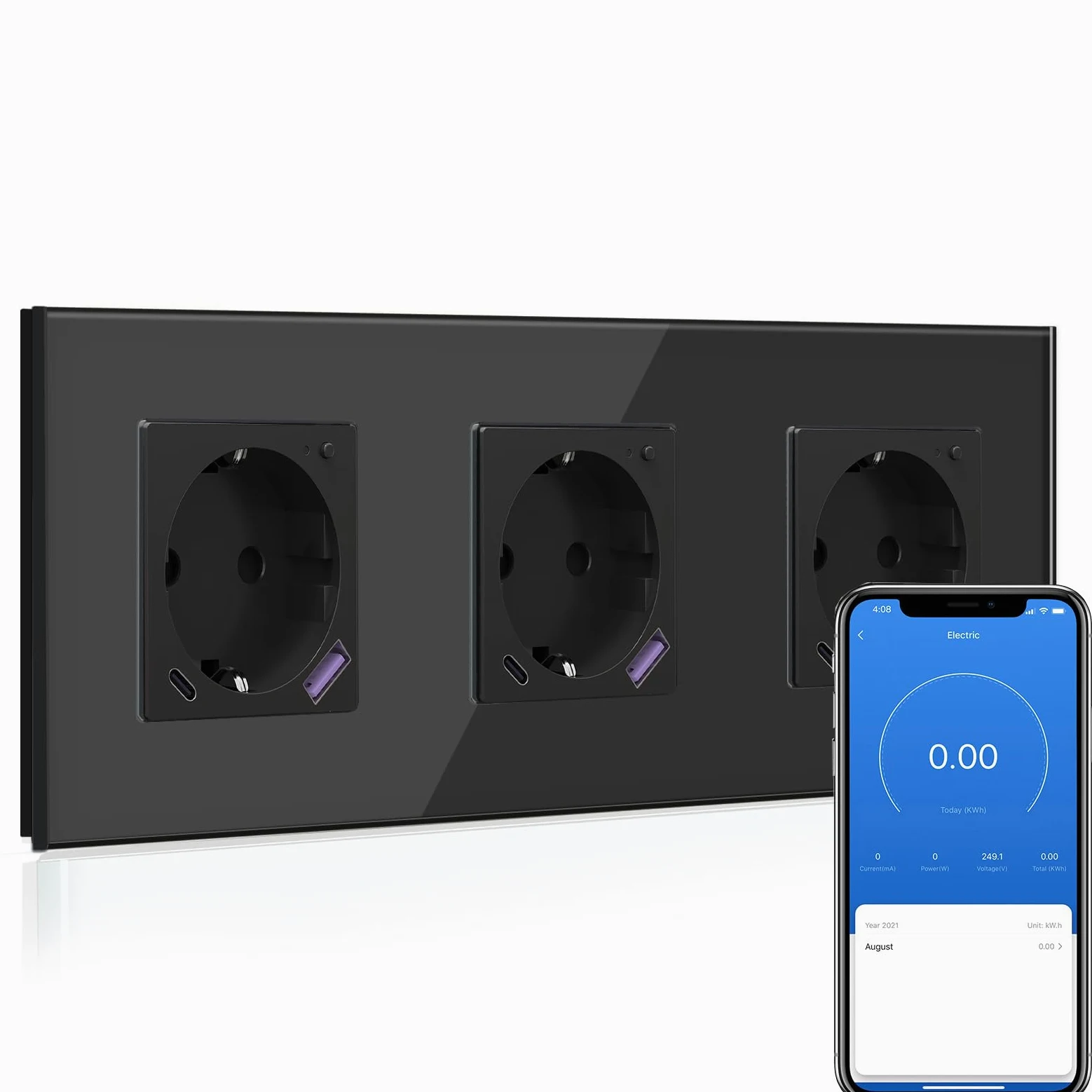 BSEED gniazdo Schuko z WiFi i USB C 20W ładowarka szybka, inteligentne gniazdo podtynkowe z pomiarem prądu, pracuje z Alexa/Google Home, licznik energii dla wielofunkcyjnego gniazdka z aplikacją Smart