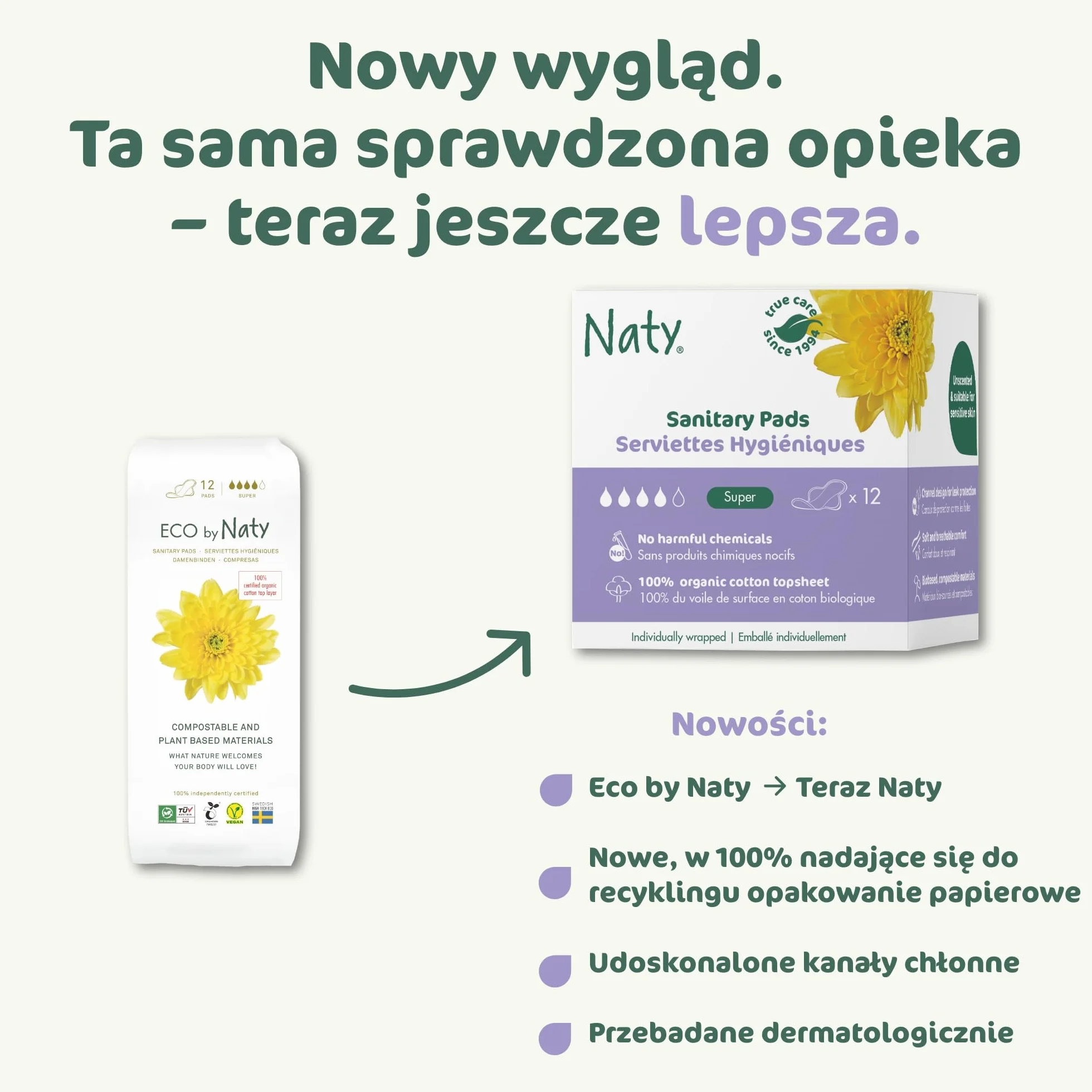 Naty Podpaski Super ze skrzydełkami | 100% certyfikowana organiczna bawełna przy skórze | Certyfikowane bezpieczne dla skóry | Bez perfum, 0% konwencjonalnego plastiku | Ochrona chłonna | 12 sztuk