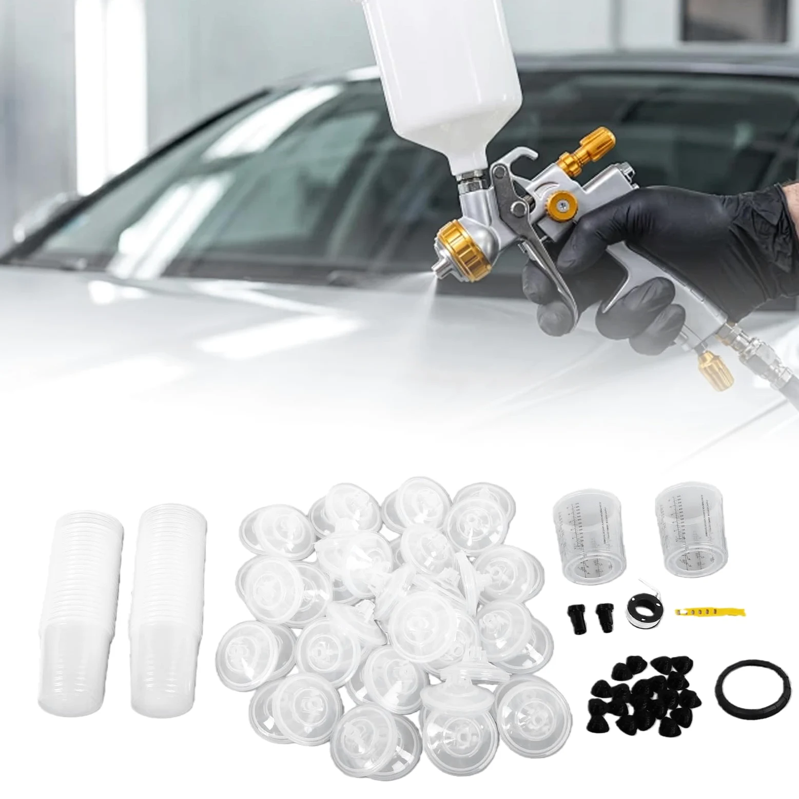 Tbest Disposable Spray Gun Cups System zestaw kubków do pistoletu lakierniczego 600 ml 50 wkładów 50 pokrywek 2 kubki zewnętrzne z adapterami i korkami do farb i podkładów