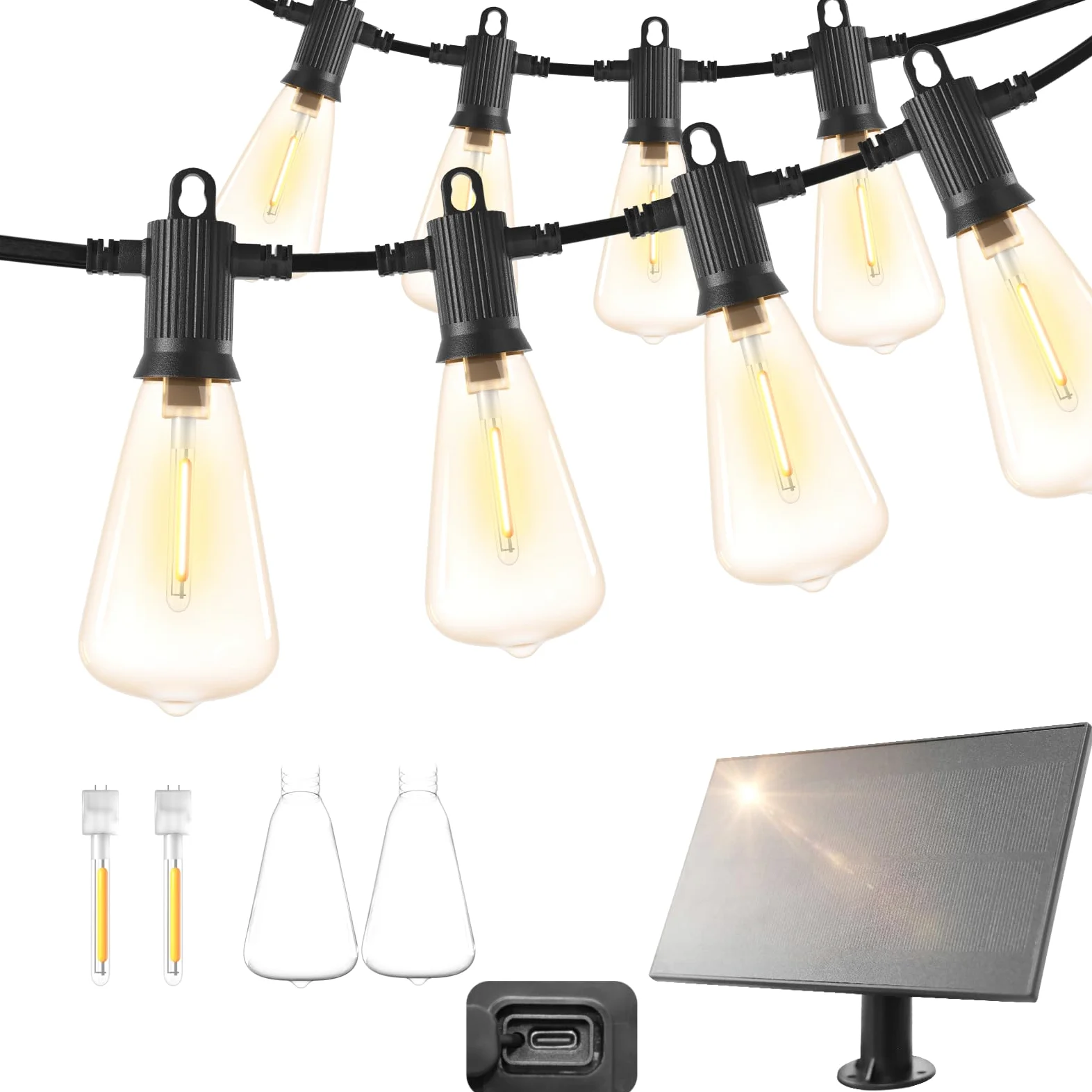 ZOTOYI Solarne lampki festonowe na zewnątrz, 15 m, IP65, wodoodporne, solarne łańcuchy świetlne ogrodowe z 20+2 szt. nietłukących się plastikowych żarówek LED, 4 tryby świecenia, na wesele, imprezę