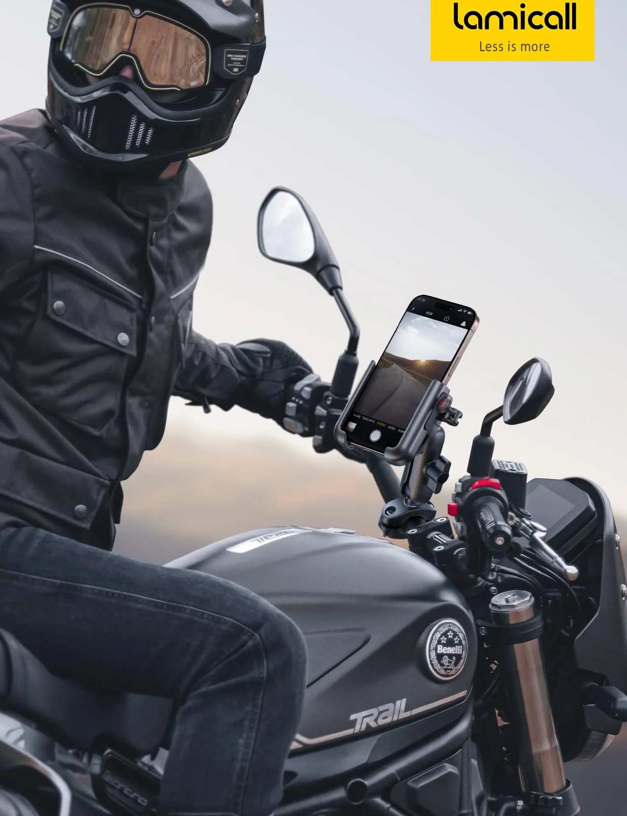 Lamicall Uchwyt na telefon dla motocykli[Podwójna antywstrząsowa]-[Całożelazny]Uchwyt telefon roweru,Przeciwdzbrodowski uchwyt moto wydłużalnym ramieniem, Przyjazny dla foto z iPhone, Galaxy, 4,7-7,2"