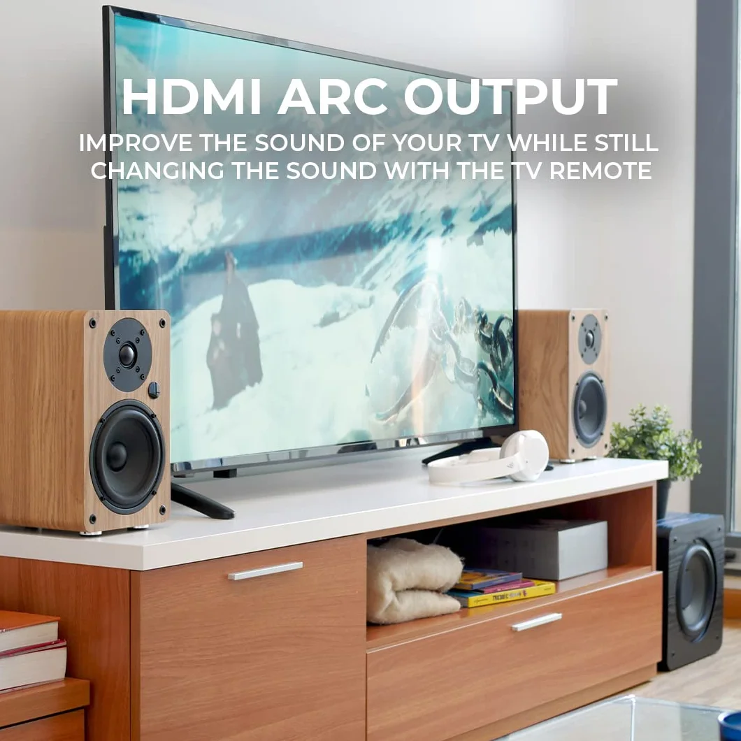 VULKKANO A5 ARC Głośniki Półkowe z głośnikiem niskotonowym 5,25", Bluetooth 5.0, HDMI ARC, Optica, RCA, USB, z wyjściem subwoofera, aktywne głośniki regałowy o eleganckim wzornictwie, Czarny