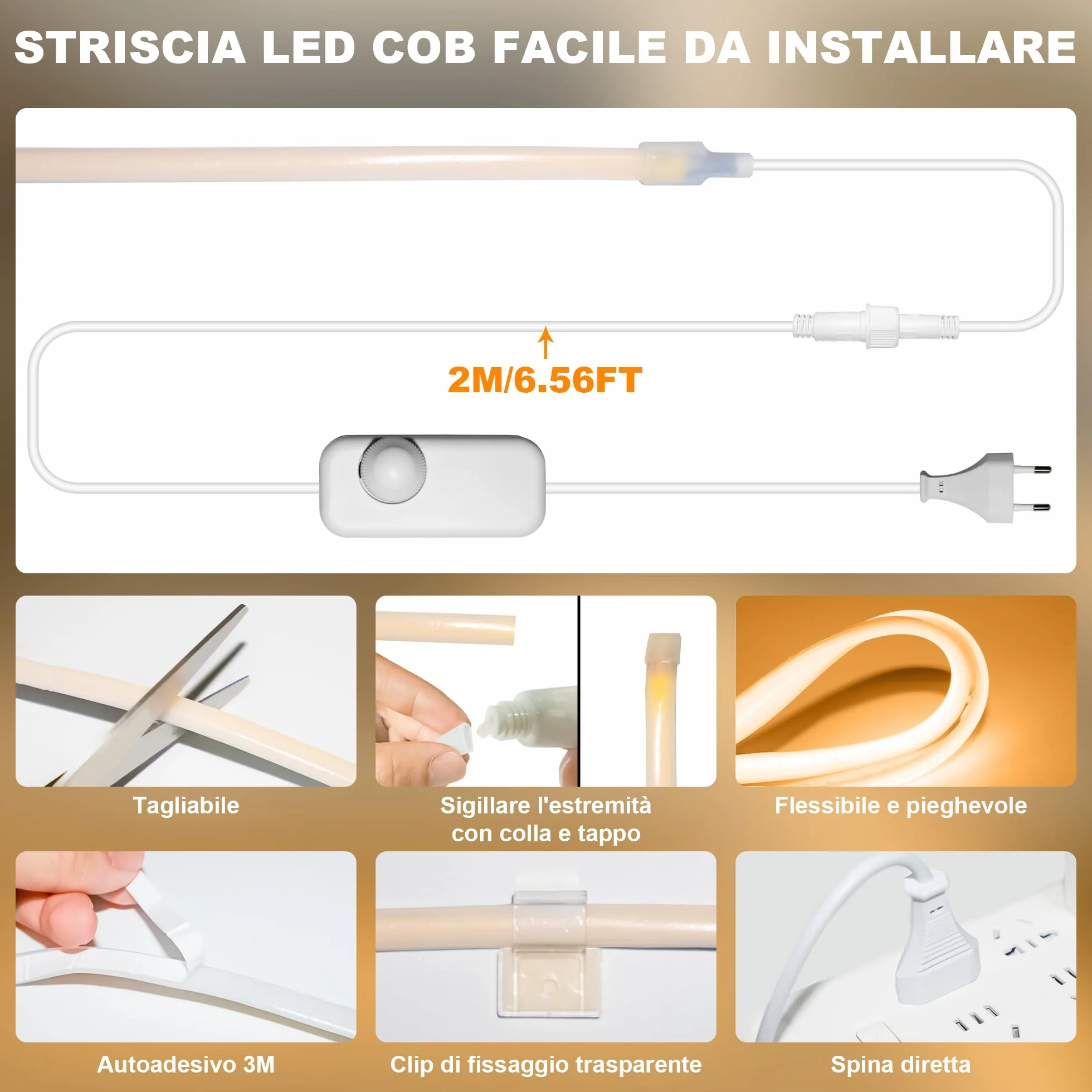 Gliztech COB Taśma LED do użytku na zewnątrz, wodoodporna, IP67 AC 220 V, bezpośrednia wtyczka, zewnętrzna taśma LED z podwójnym sterowaniem bezpiecznikiem, samoprzylepna taśma LED do ogrodu