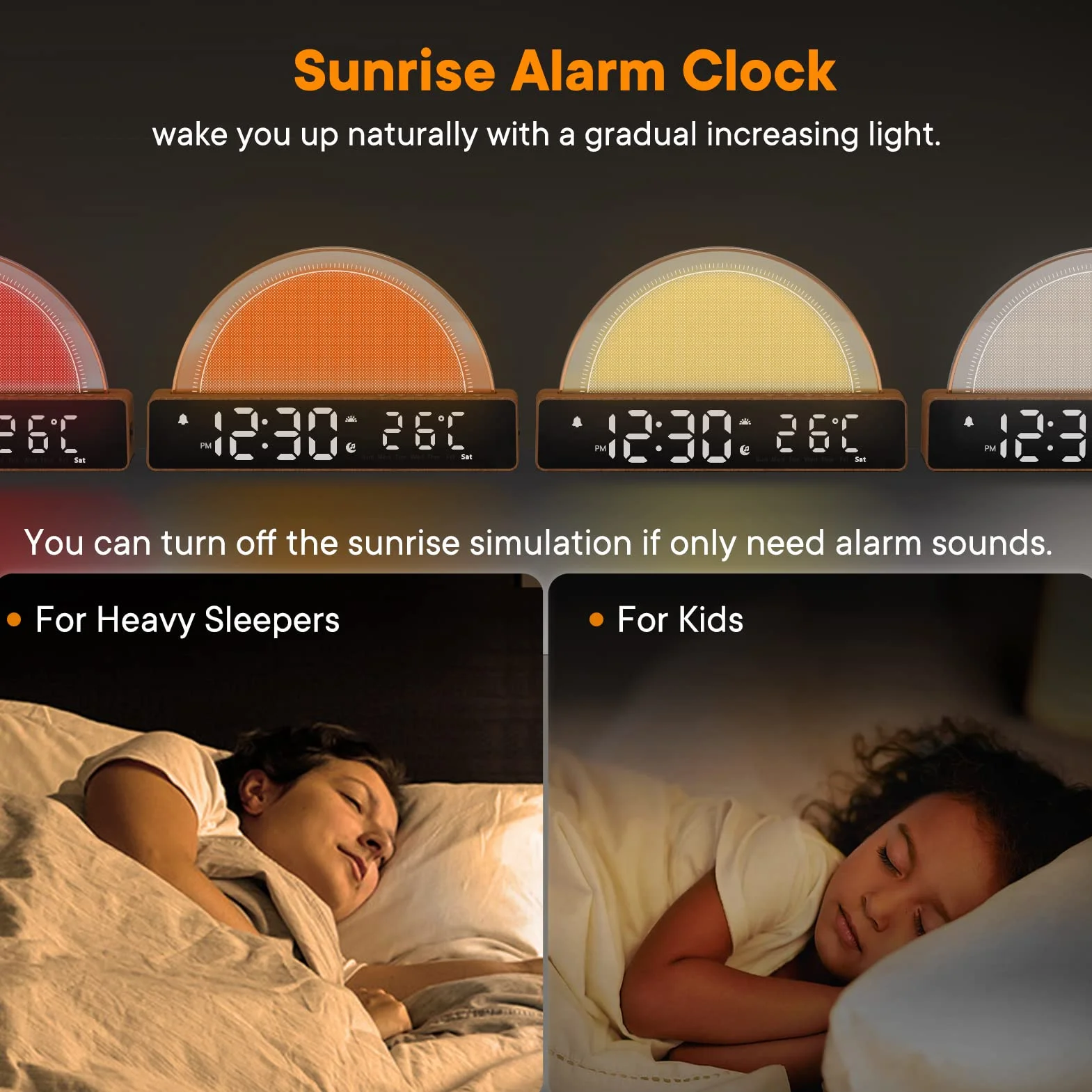 Budzik ze światłem, budzik świetlny, White Noise Machine, lampka nocna, dotykowa, ściemniana, lampa stołowa z 10 trybami do spania, funkcja drzemki, timer/wskaźnik temperatury, stacja ładująca USB,