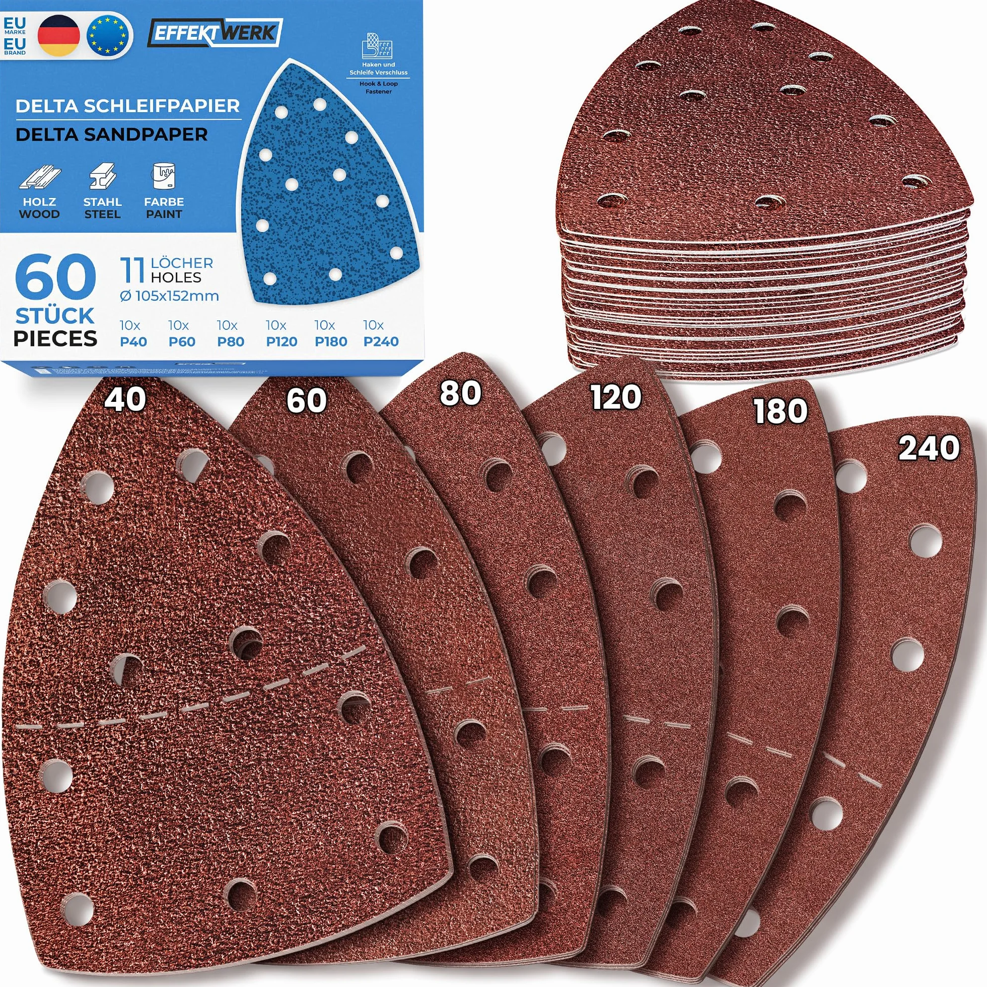 Delta Sandpapers - 120 Pack, 11 Holes - 105 x 152mm Triangle Sanding Pads for Triangular Sanding Machines - Multiple Grit Size (40, 60, 80, 120, 180, 240)
