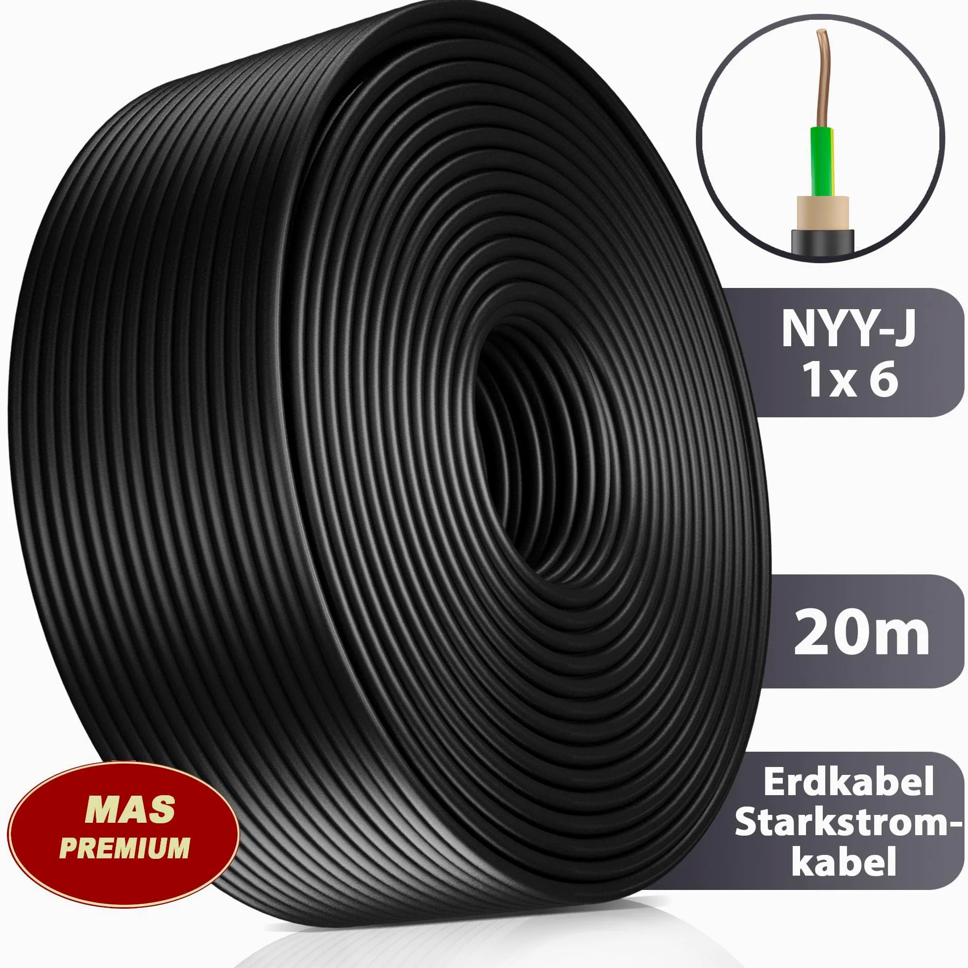 MAS Premium 5-100 m kabel ziemny NYY-J 1 x 4, 6, 10, 16 lub 25, kabel elektryczny OFC pierścień do układania na wolnym powietrzu, w ziemi (NYY-J 1 x 6 mm², 20 m)
