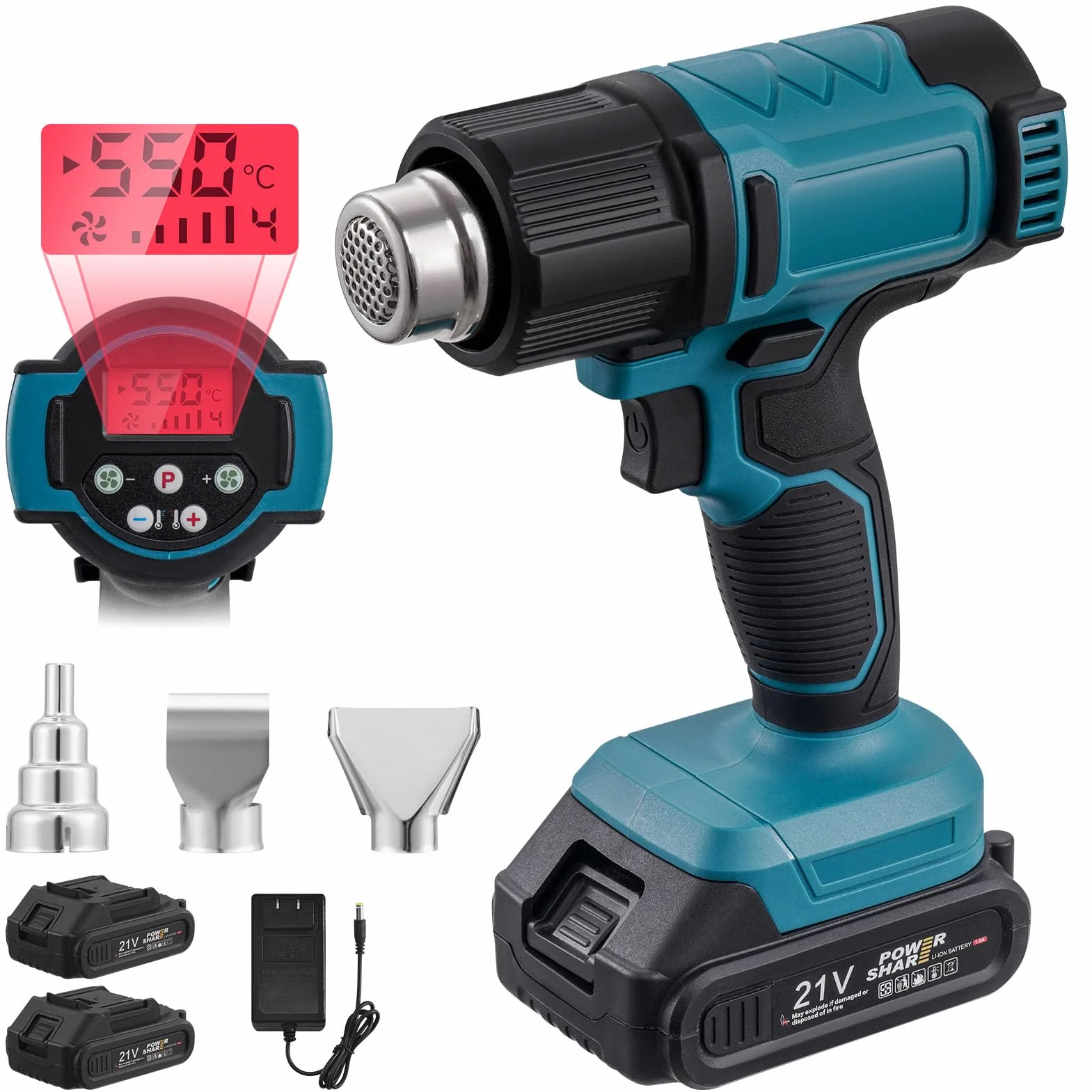 Akumulatorowa dmuchawa na gorące powietrze 21 V, 350 W, szybkie nagrzewanie do 550 ℃ | Zabezpieczenie przed przegrzaniem, 3 dysze, akumulator do opalarki do prac domowych, usuwanie lakieru, rozmrażanie rur