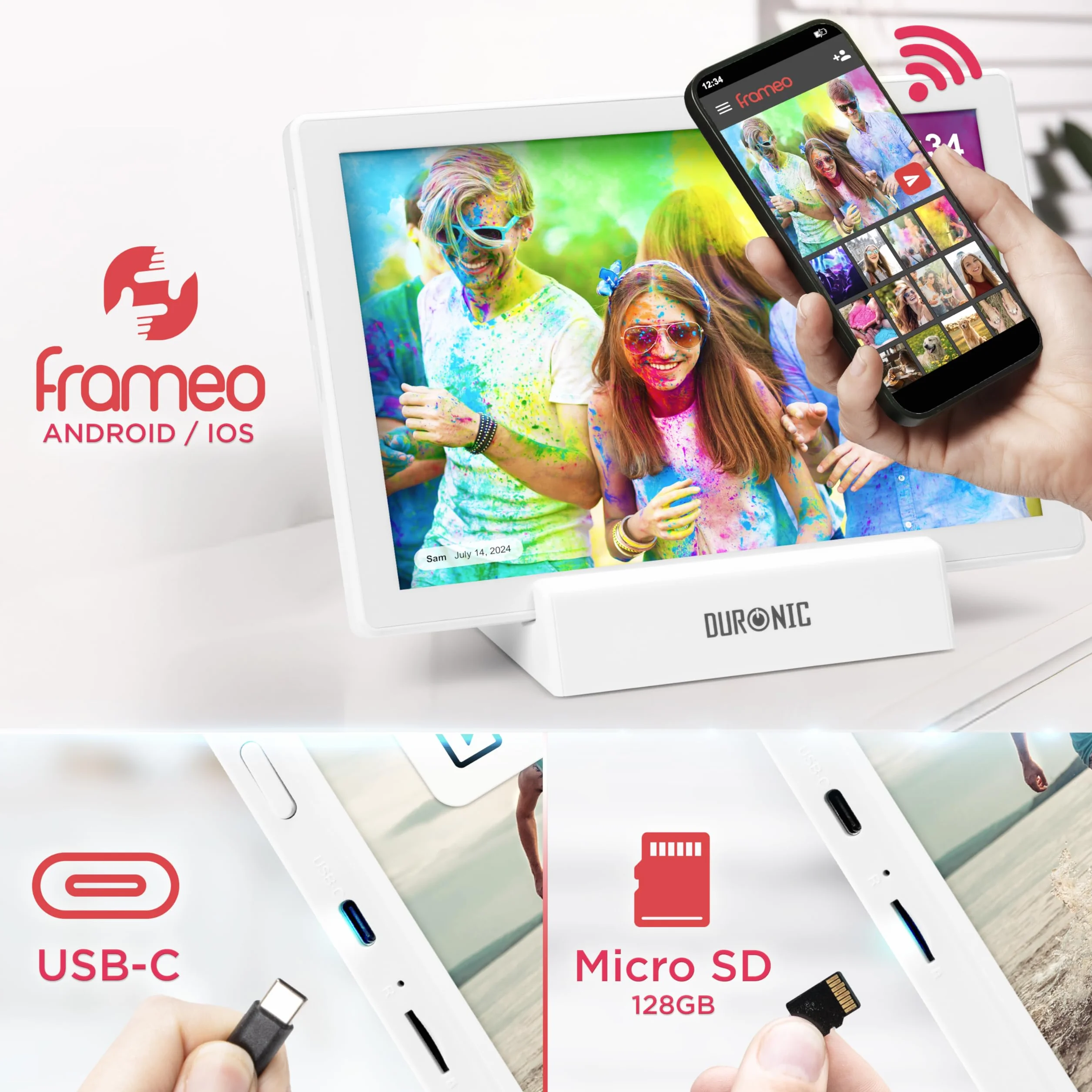Duronic Frameo PF1D WE Ramka cyfrowa na zdjęcia Wi-Fi wbudowana pamięć 32 GB cyfrowa ramka na zdjęcia USB-C rozdzielczość 1280 x 800 Ekran dotykowy o przekątnej 10,1 cala
