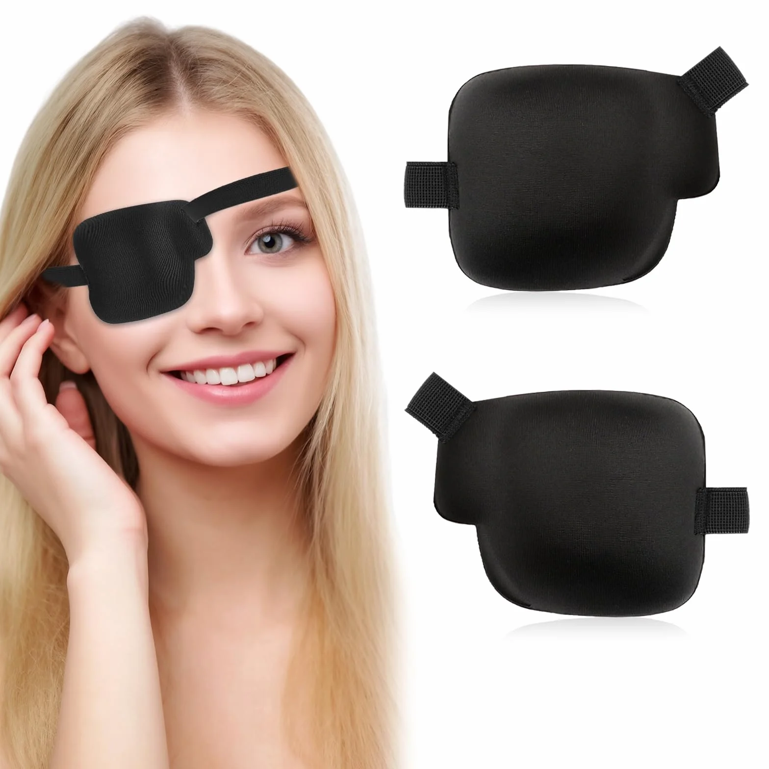 Larrel 2 sztuki opasek na oczy 3D, 9,7 x 7,9 cm, regulowana maska na oczy z zapięciem na rzepy, czarna, pojedyncza opaska na oczy z poliestru, dla dorosłych i dzieci (lewa + prawa)